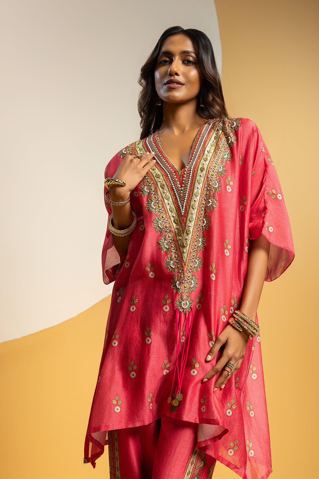 TAARANI PINK EMBELLISHED V NECK KURTA SET