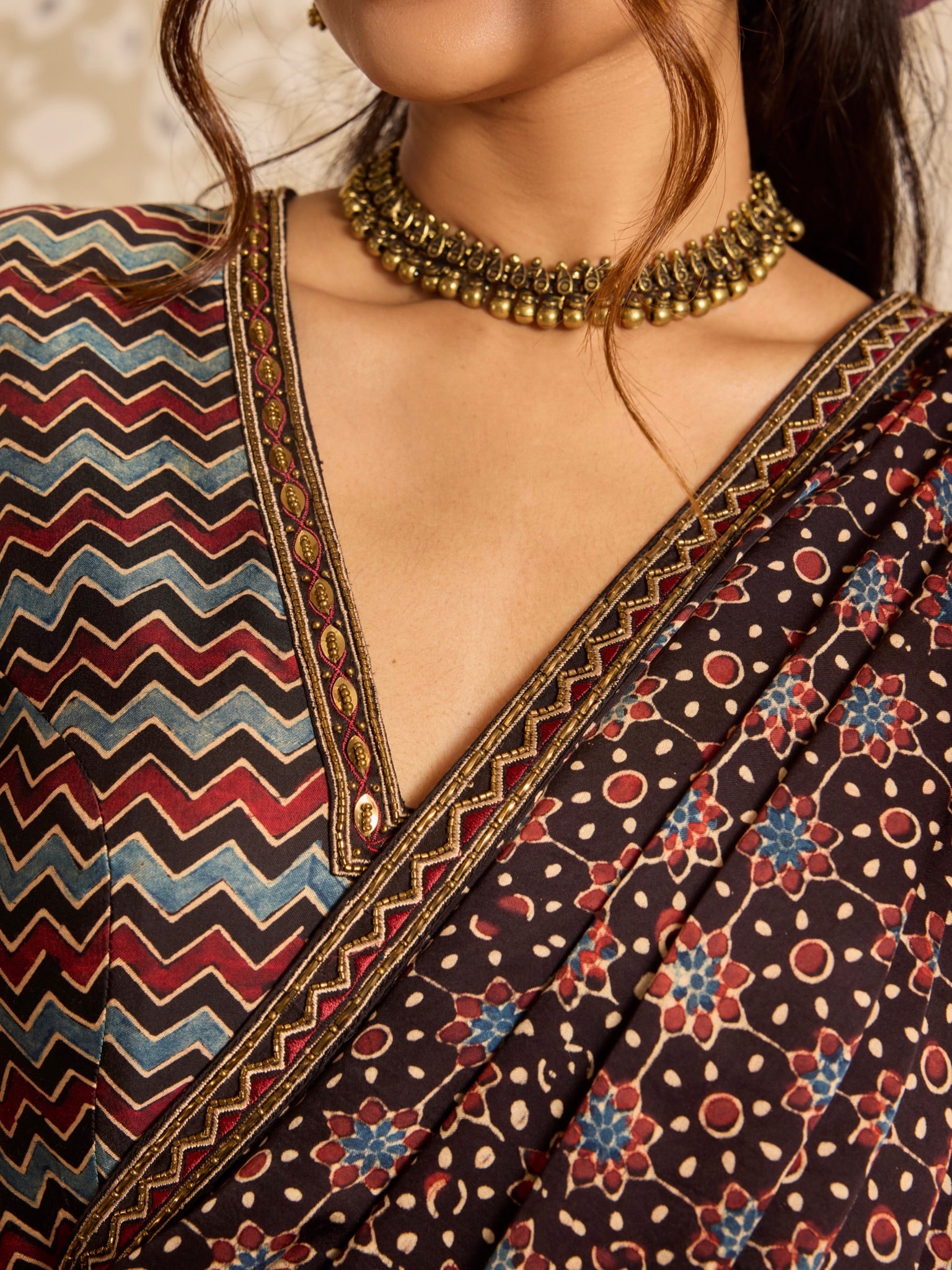 Ajrakh Deep neck Blouse with Saree