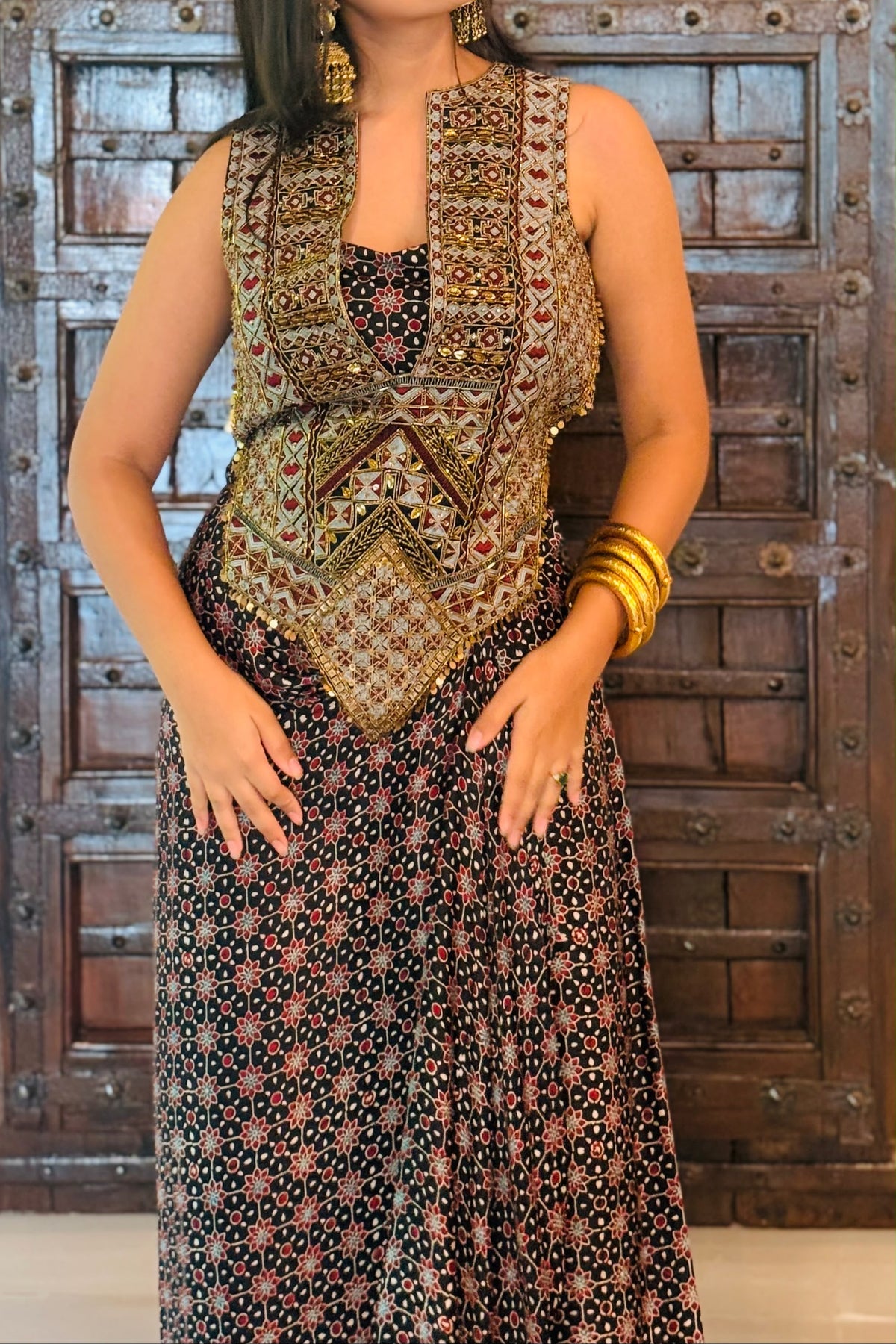 Ajrakh Tie Up Top with Drape Skirt Set