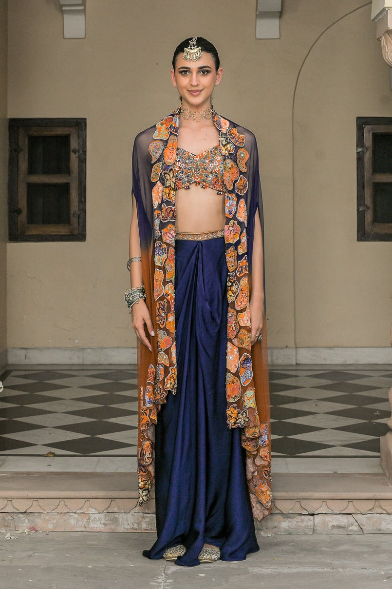 Amber Bloom Embroidered Bralette with Cowl Skirt and Dual Applique Cape Set