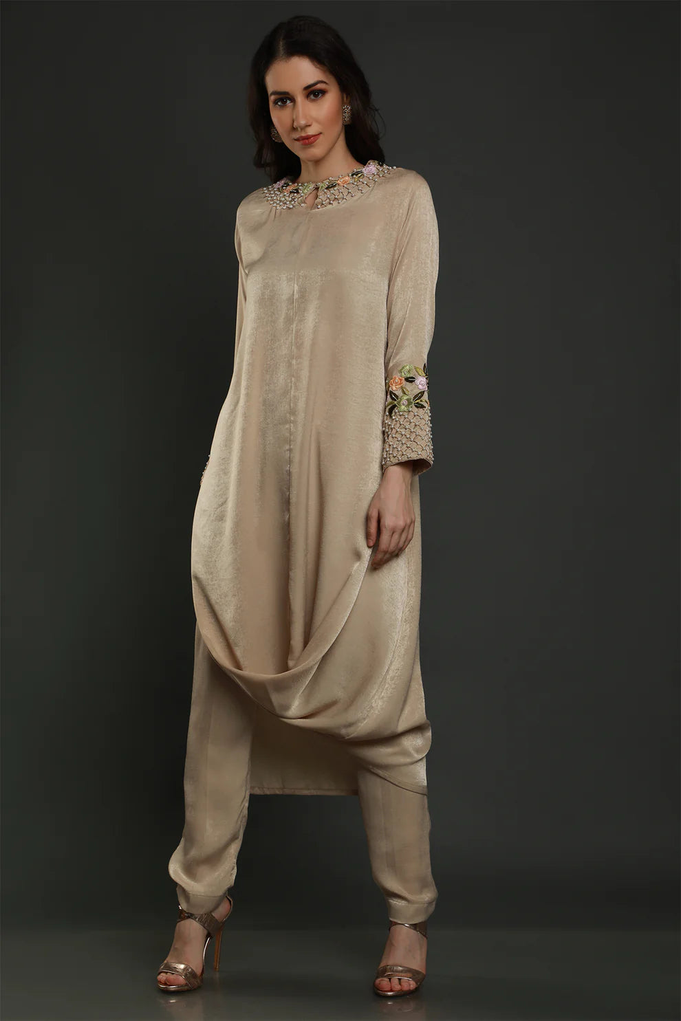Beige Embroidered Drape Tunic & Pants Set