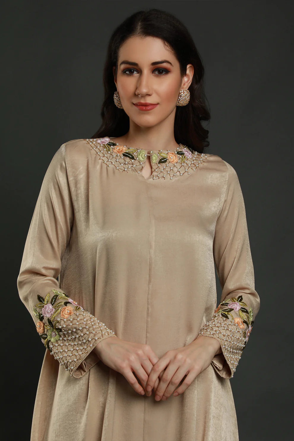 Beige Embroidered Drape Tunic & Pants Set