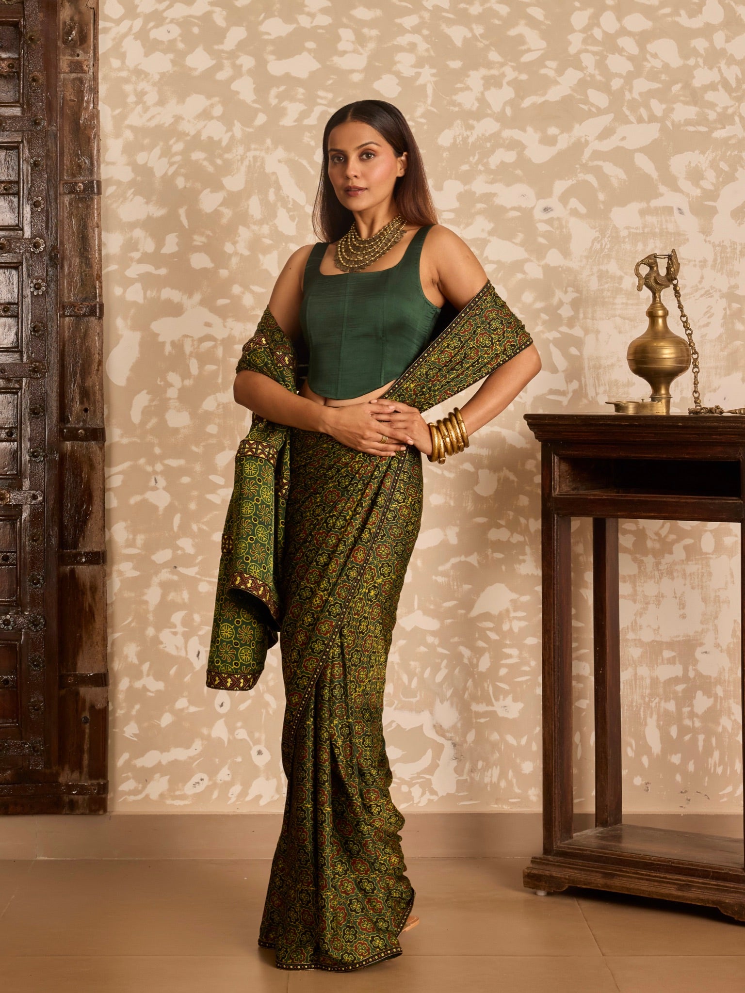 Ajrakh Corset blouse with saree
