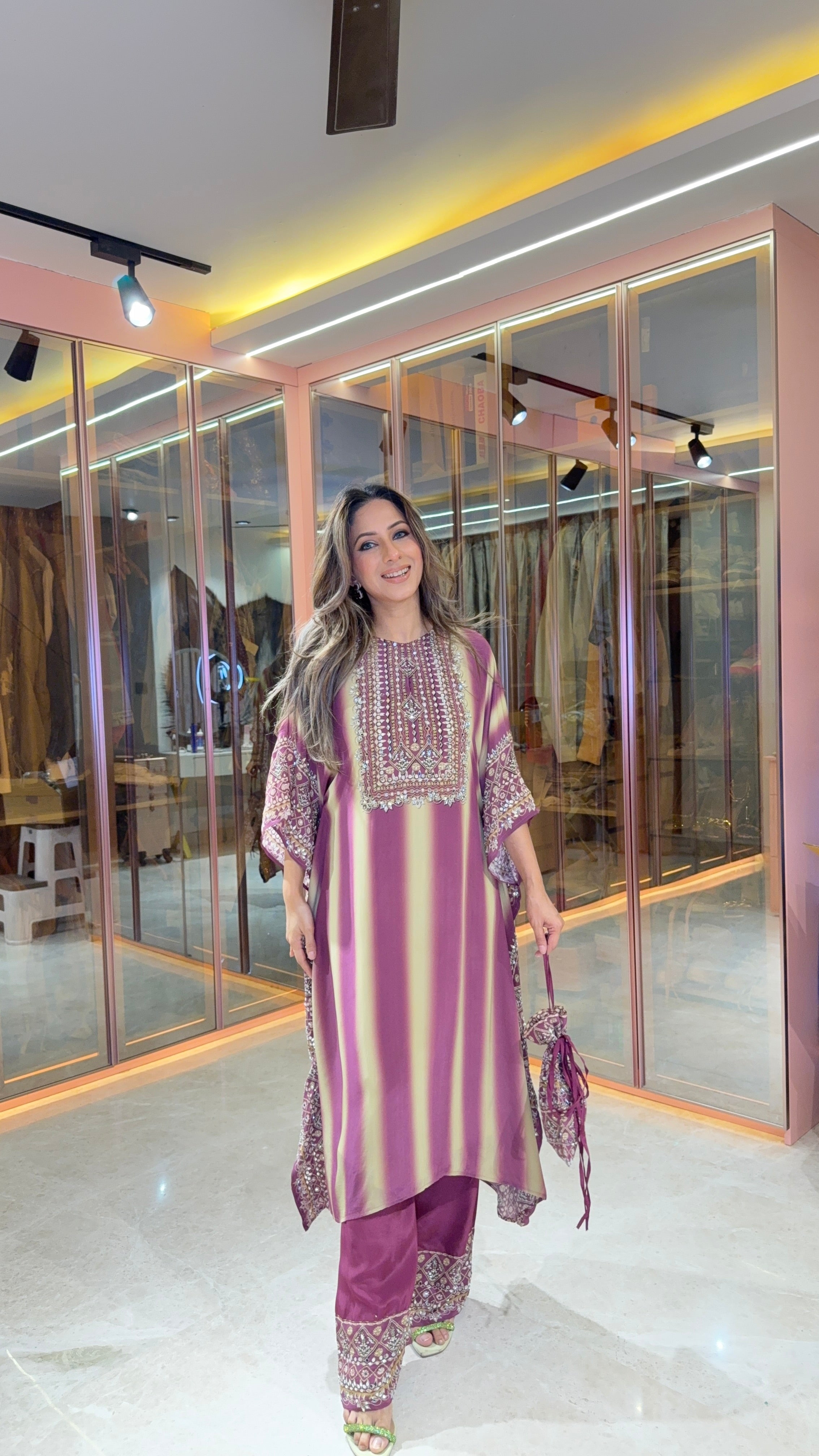 Aanchal Jain in Salma Sitara Black & Beige Kaftan Set