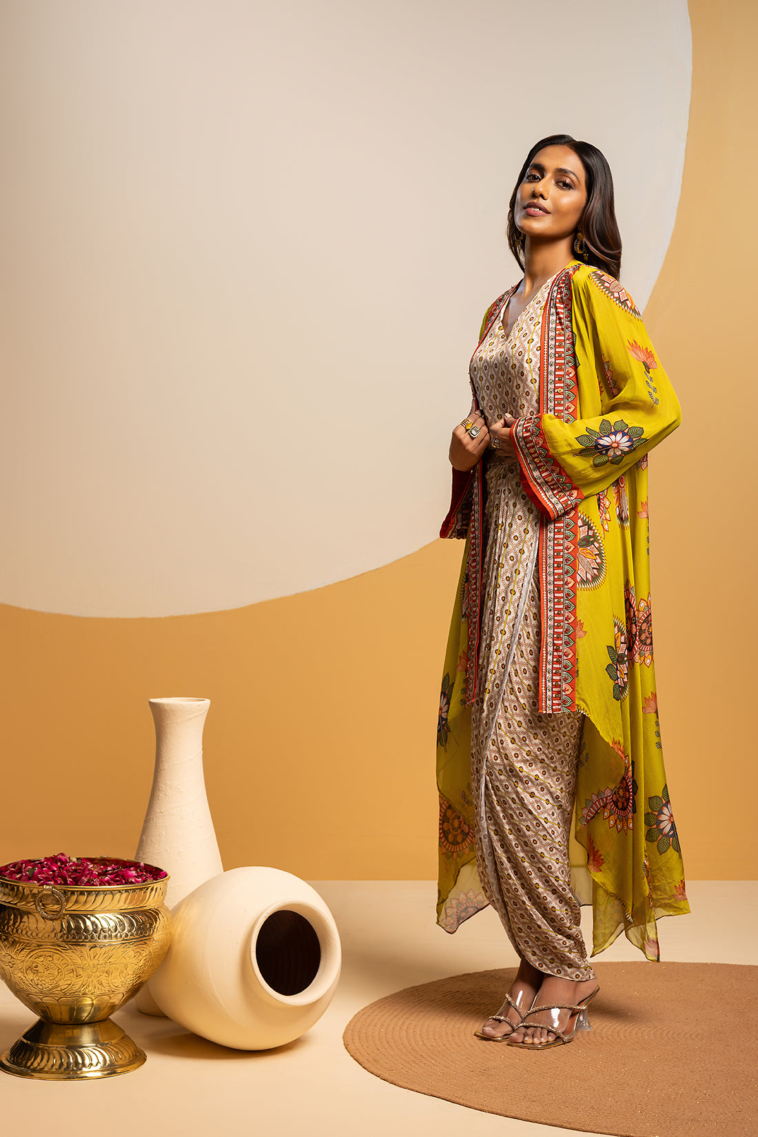 TAARANI YELLOW EMBELLISHED DRAPE DRESS SET