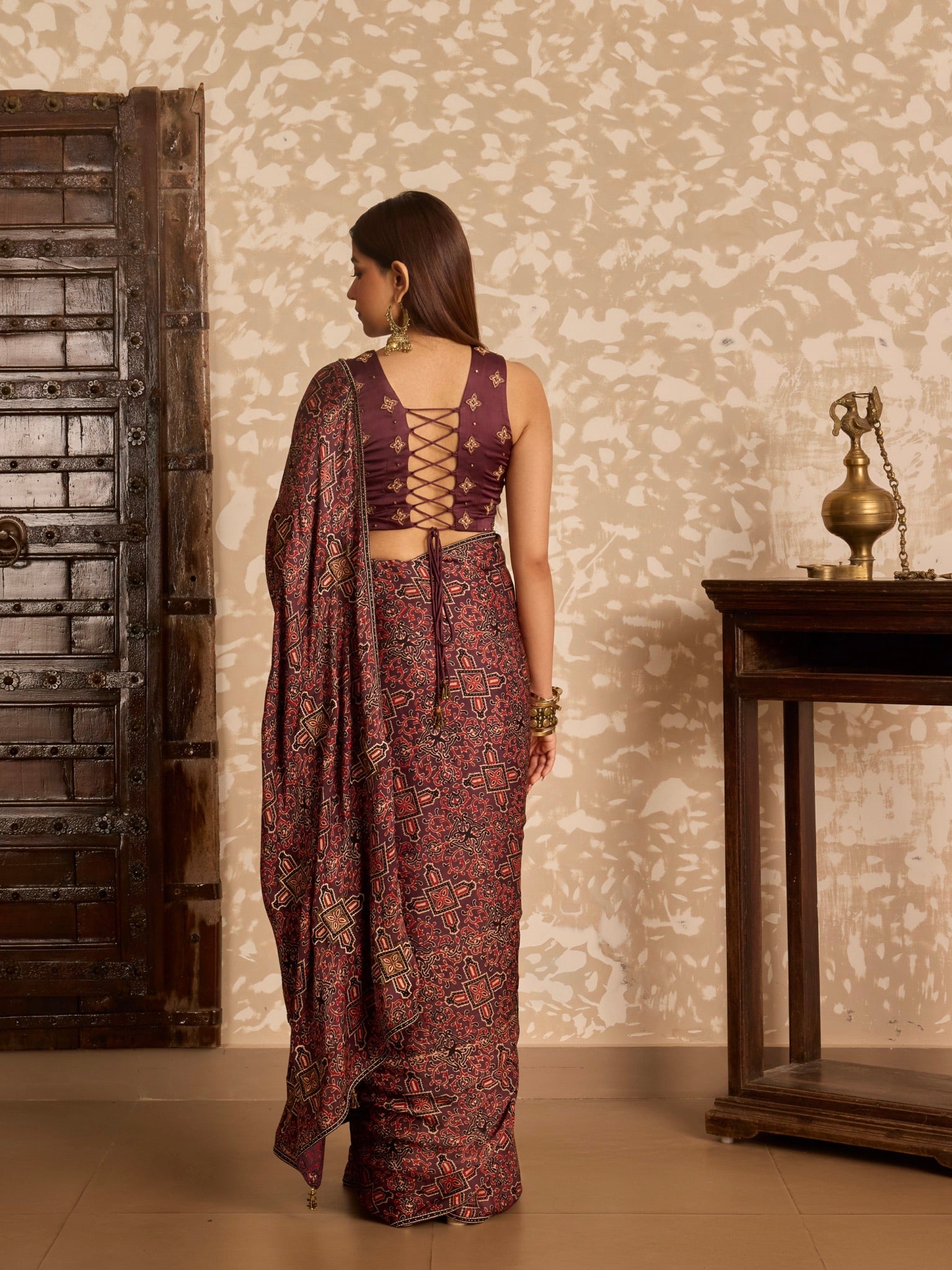 Ajrakh V neck tie up blouse with saree