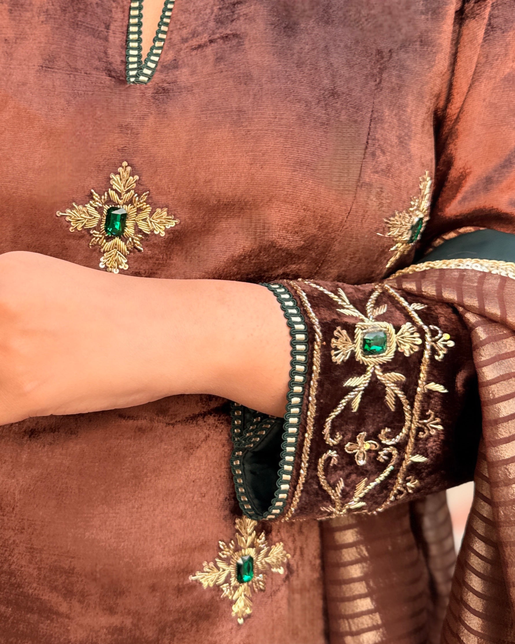 Mocha Hand Embroidered Velvet Straight Kurta Set