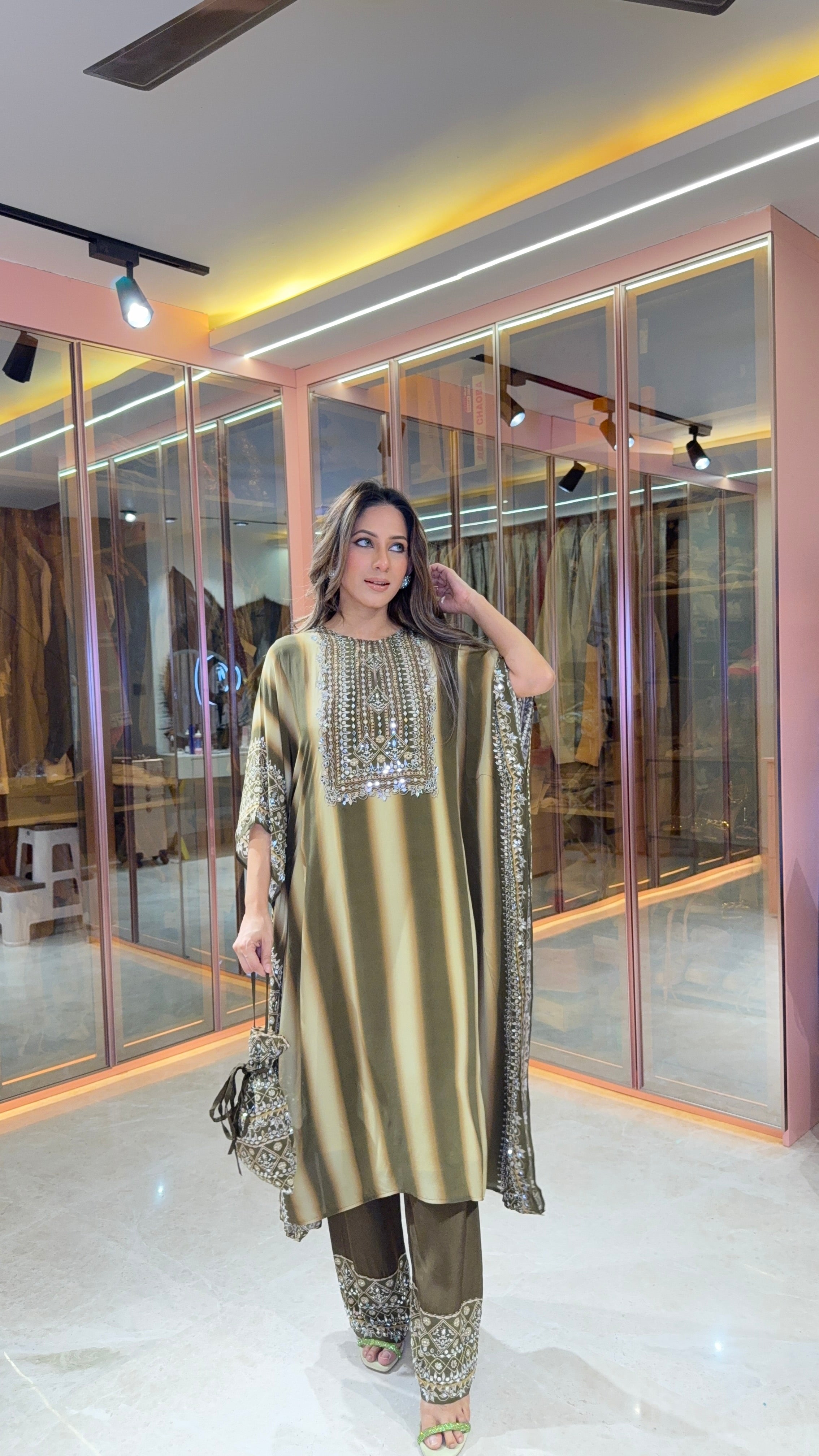 Aanchal Jain in Salma Sitara Black & Beige Kaftan Set
