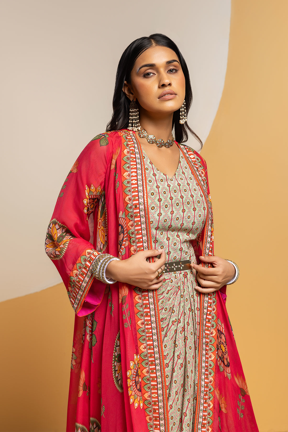 TAARANI PINK EMBELLISHED DRAPE DRESS SET