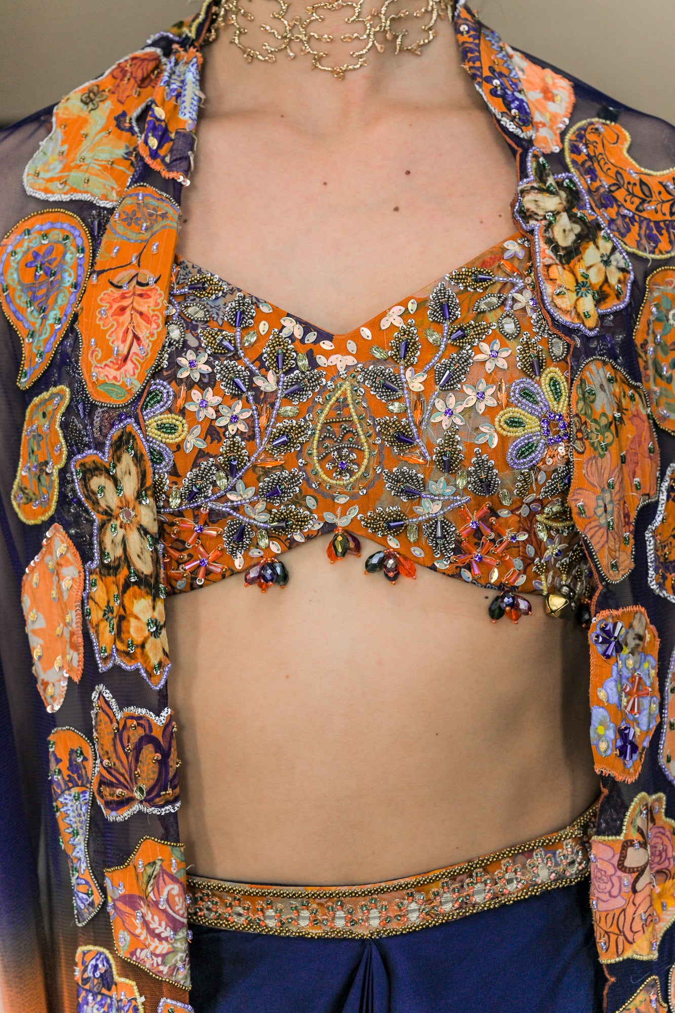 Amber Bloom Embroidered Bralette with Cowl Skirt and Dual Applique Cape Set