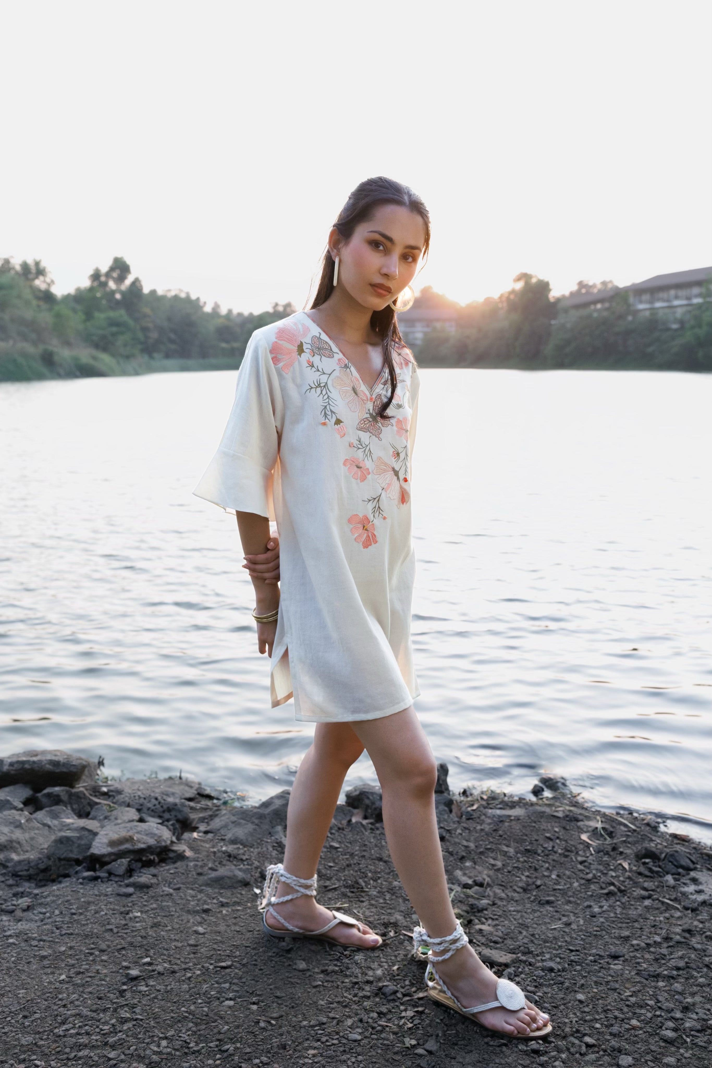 Floral Embroidered Short Kaftan Dress