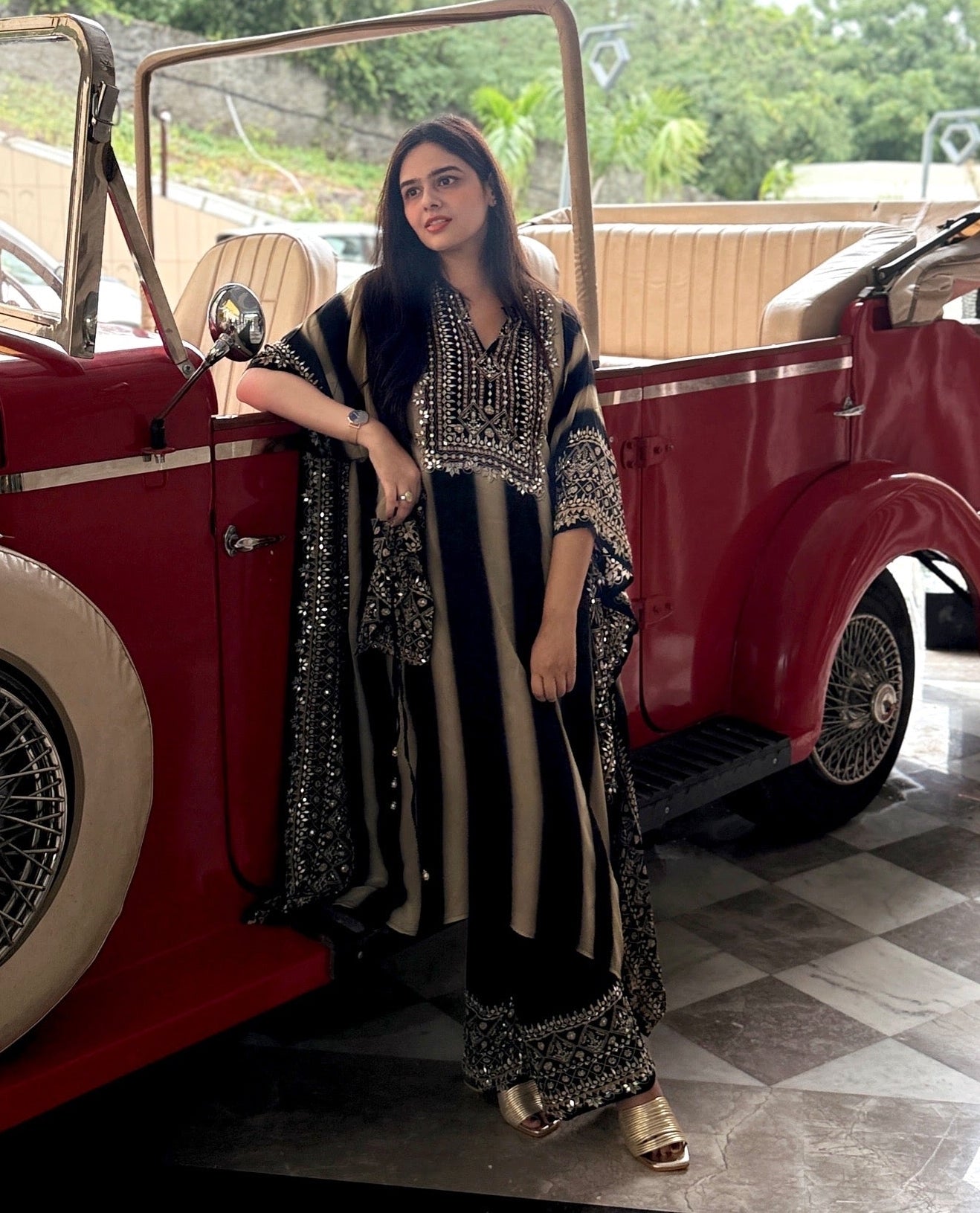Aanchal Jain in Salma Sitara Black & Beige Kaftan Set