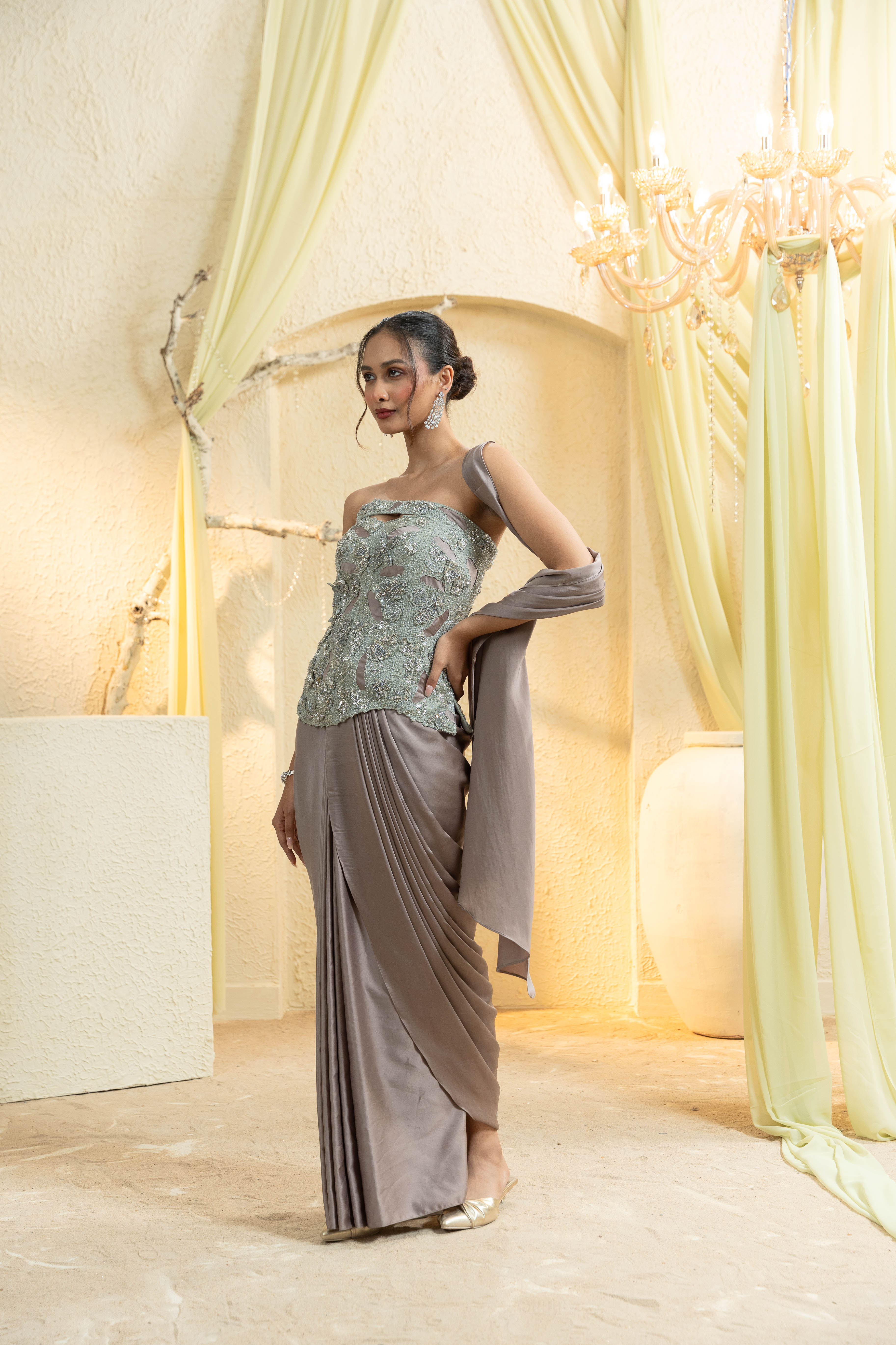 Ash Mauve Hand-Embroidered Drape Saree