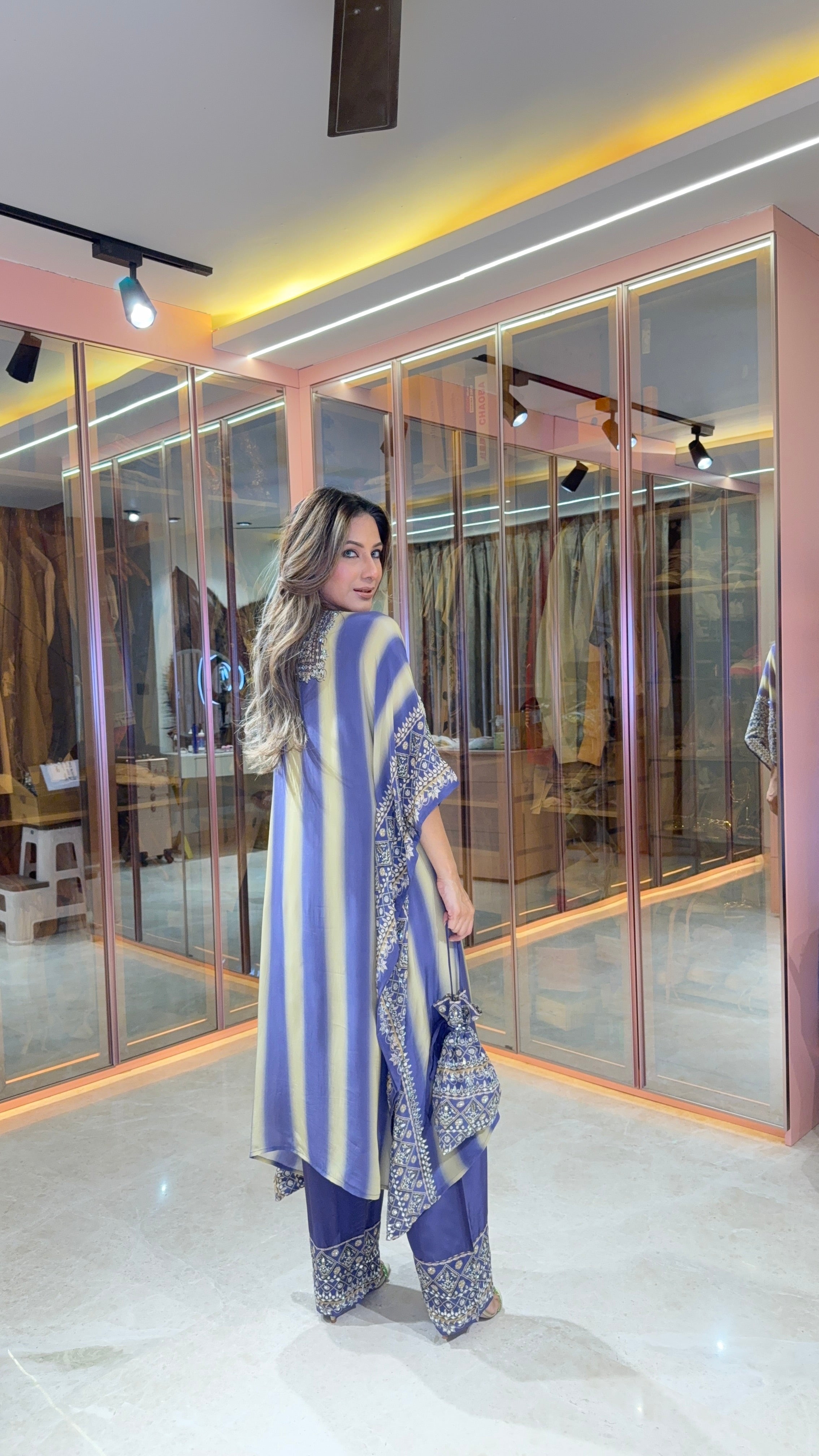 Aanchal Jain in Salma Sitara Black & Beige Kaftan Set