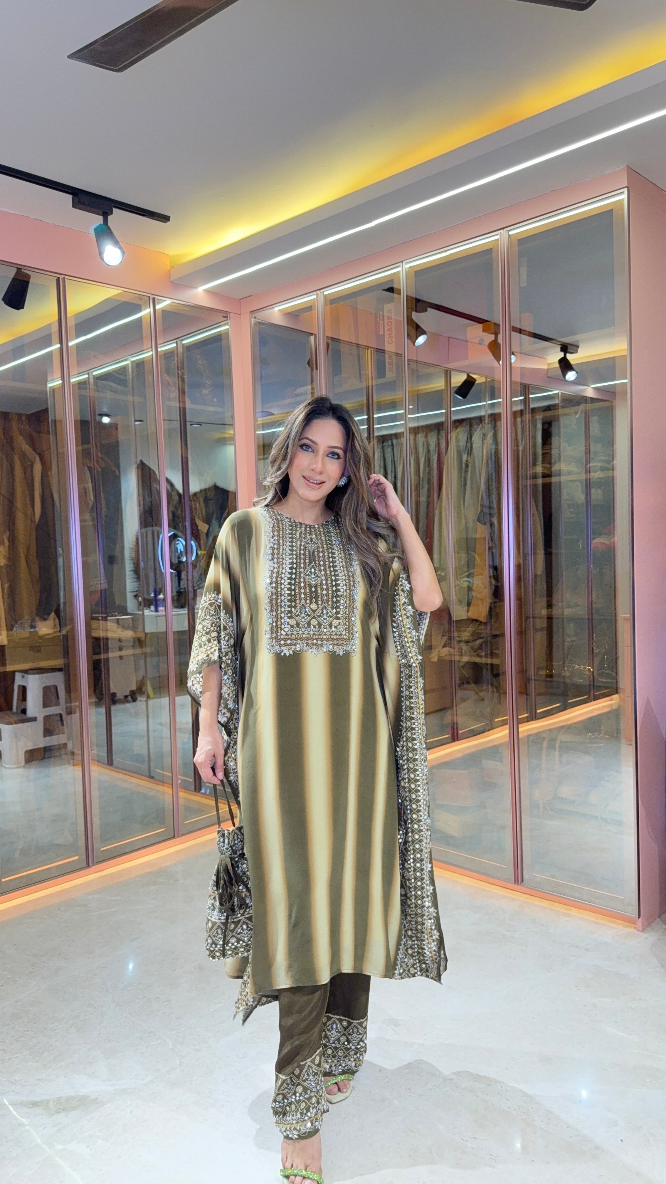 Aanchal Jain in Salma Sitara Black & Beige Kaftan Set