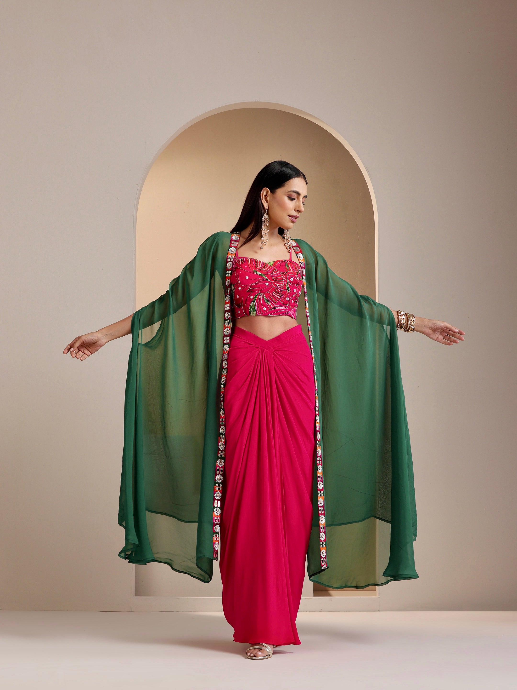 Nur Crepe Hand Embroidered Dhoti Skirt Set