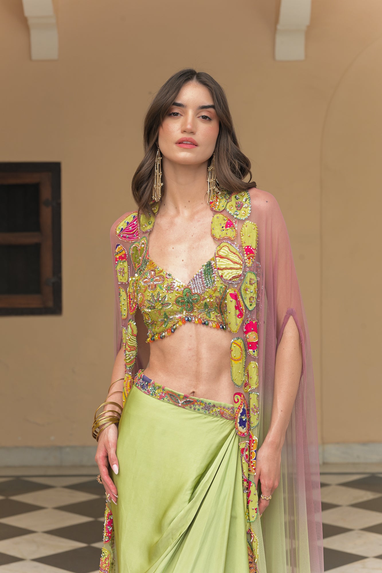 Olive Bloom Bralette with Cowl Skirt and Applique Cape Set