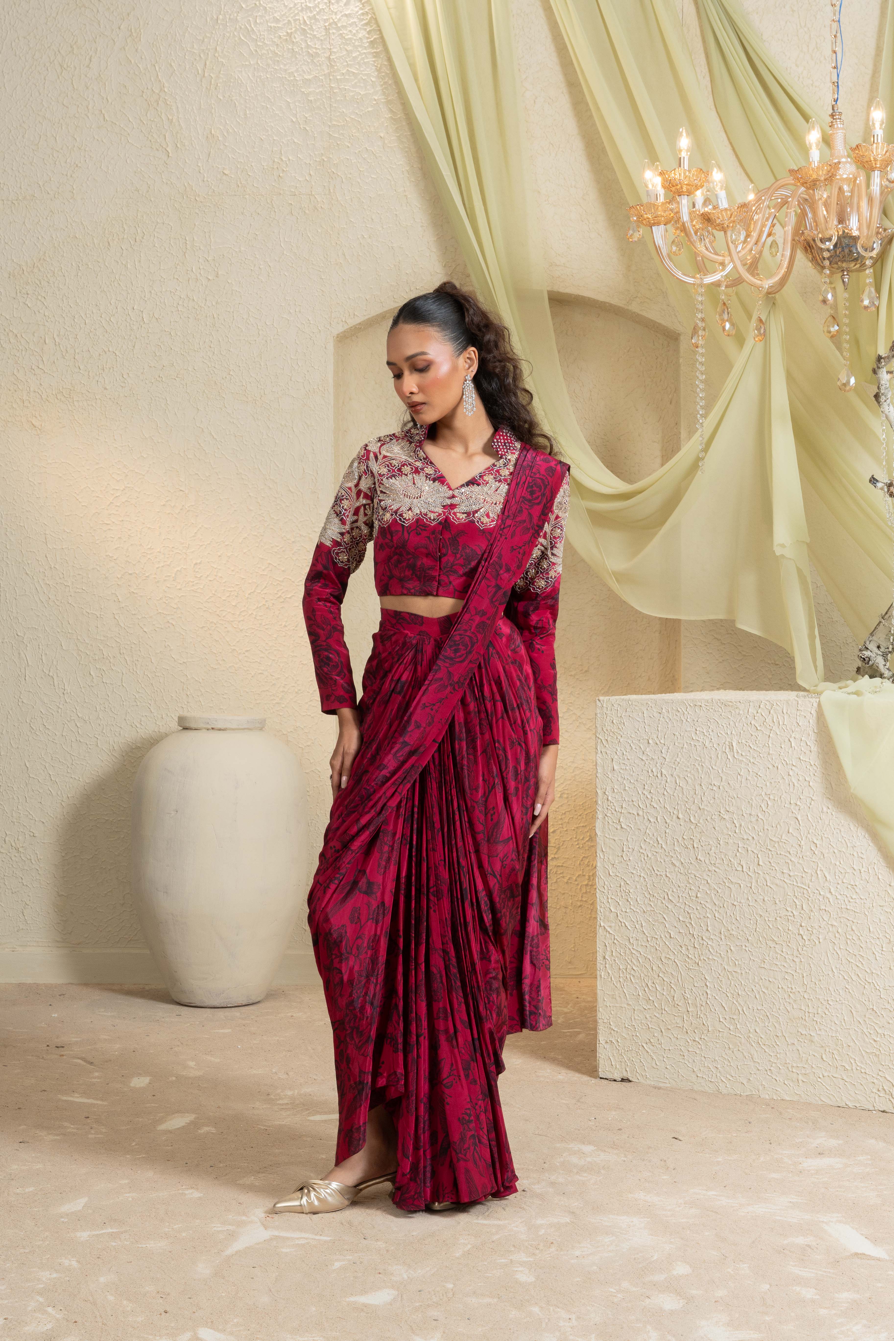Shadow Rose Jacket Style Pre Draped Saree Set