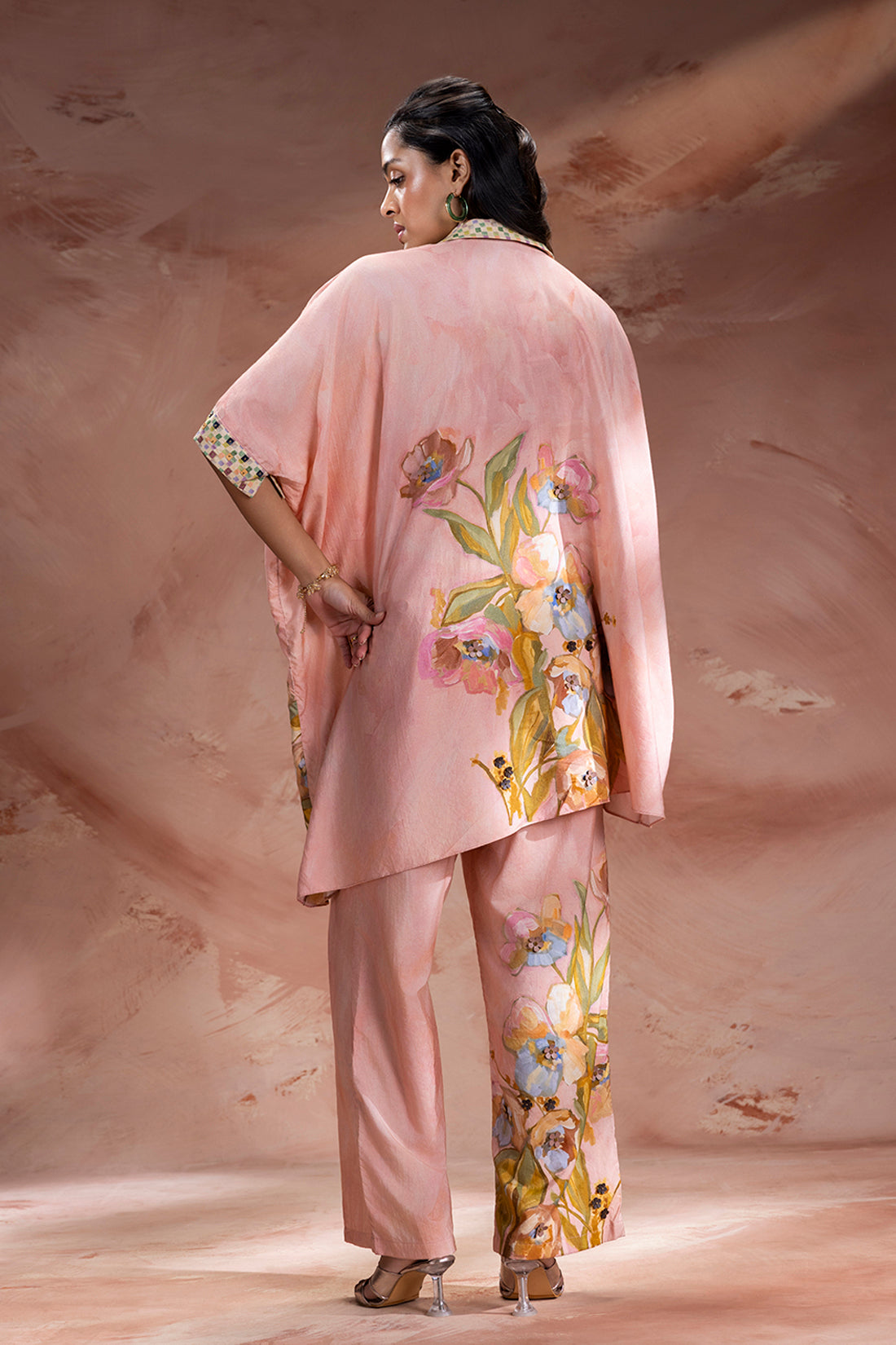 ZEYA PINK EMBELLISHED KIMONO TUNIC AND PANTS