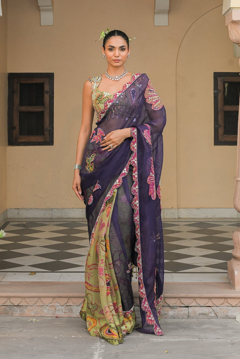 Violet & Olive Dual Saree Set with Patch Palla Mirror Work Highlight Blouse
