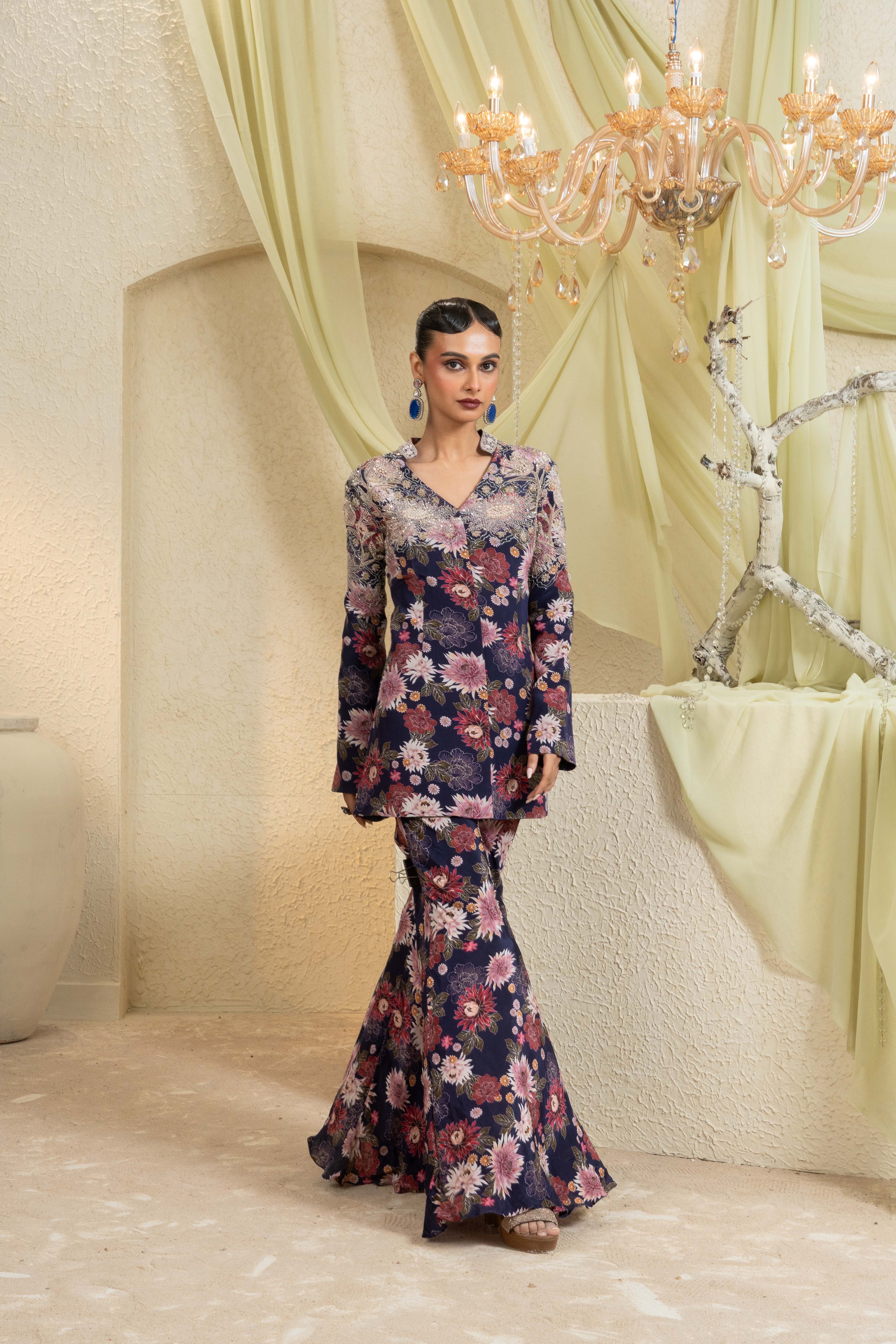 Twilight Bloom Hand-Embroidered Jacket Set