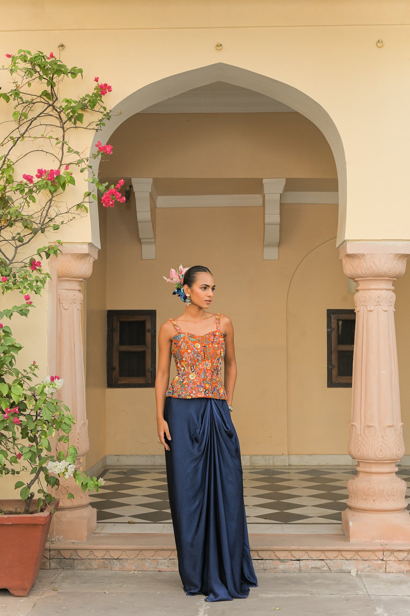 Amber Bloom Highlight Corset Paired with Navy Blue Cowl Skirt Set