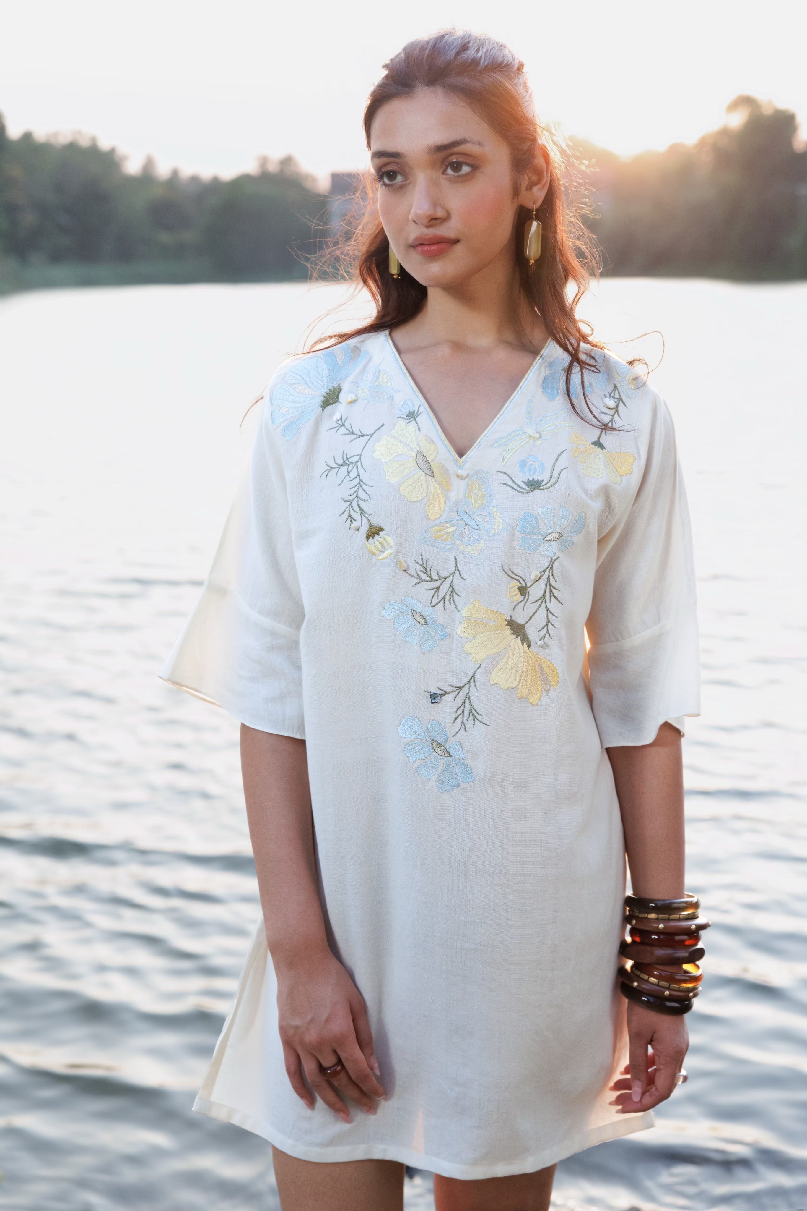 Floral Embroidered Short Kaftan Dress