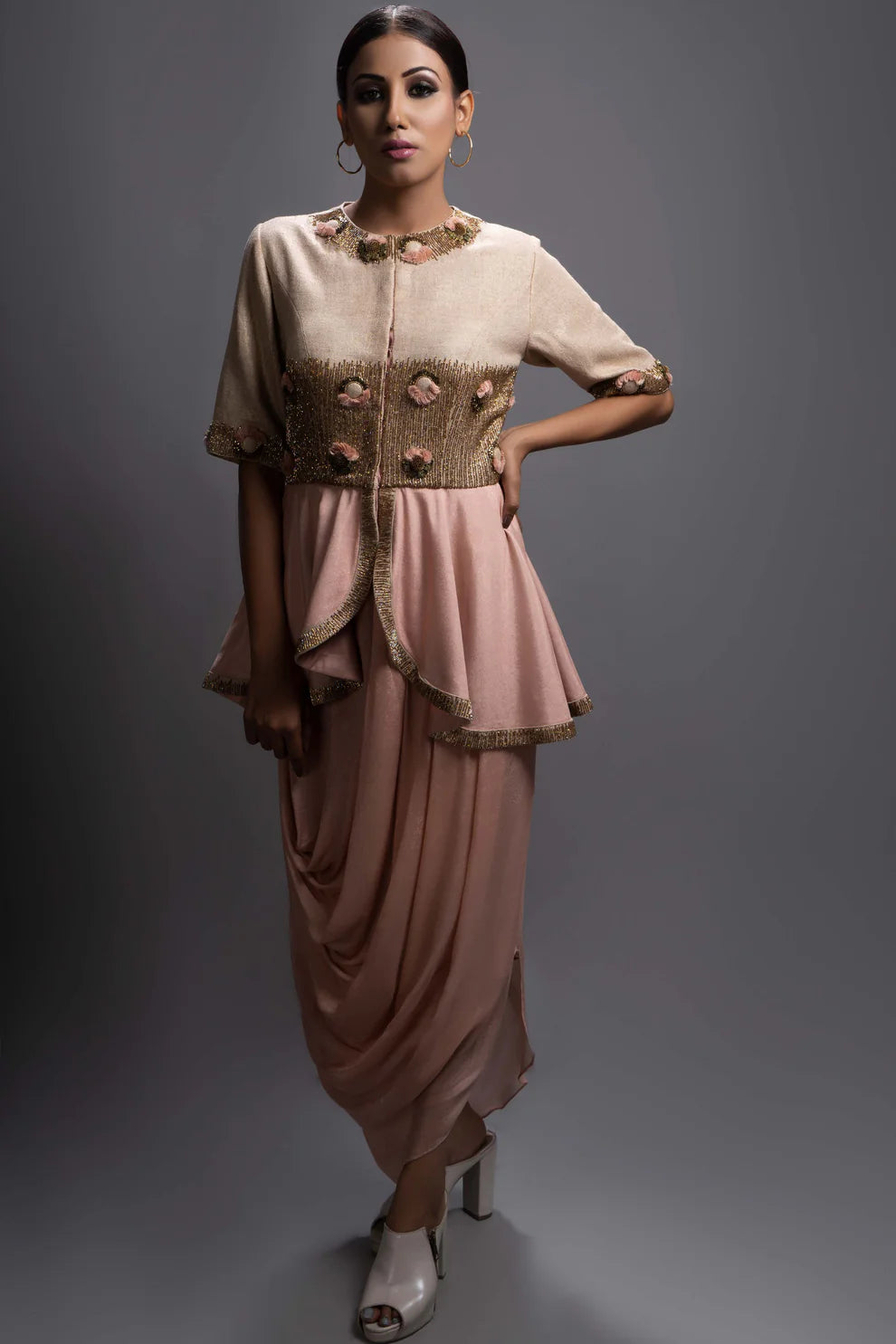 Peach Embellished Peplum Drape Dress