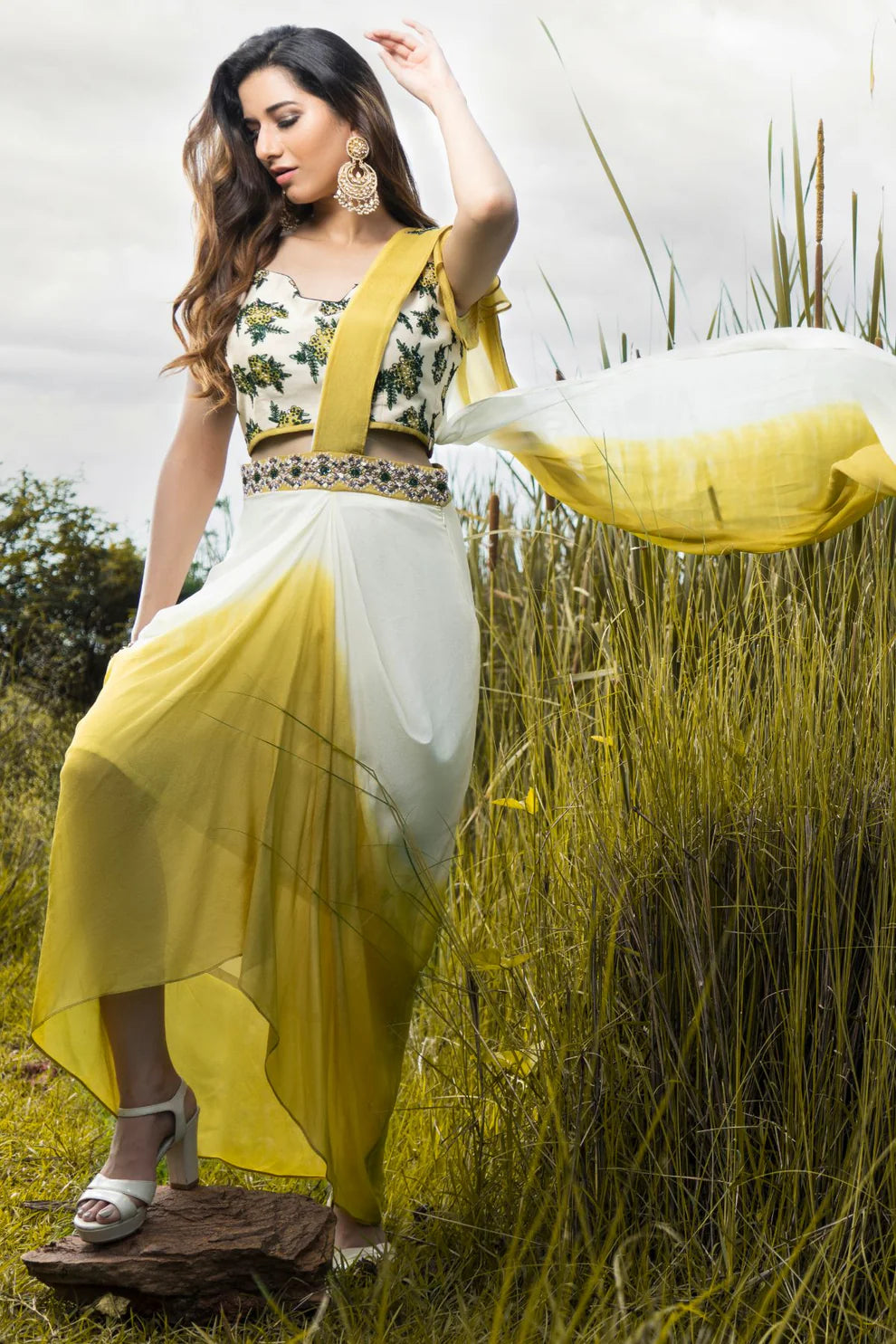 Blossom Mustard & White Dhoti Saree