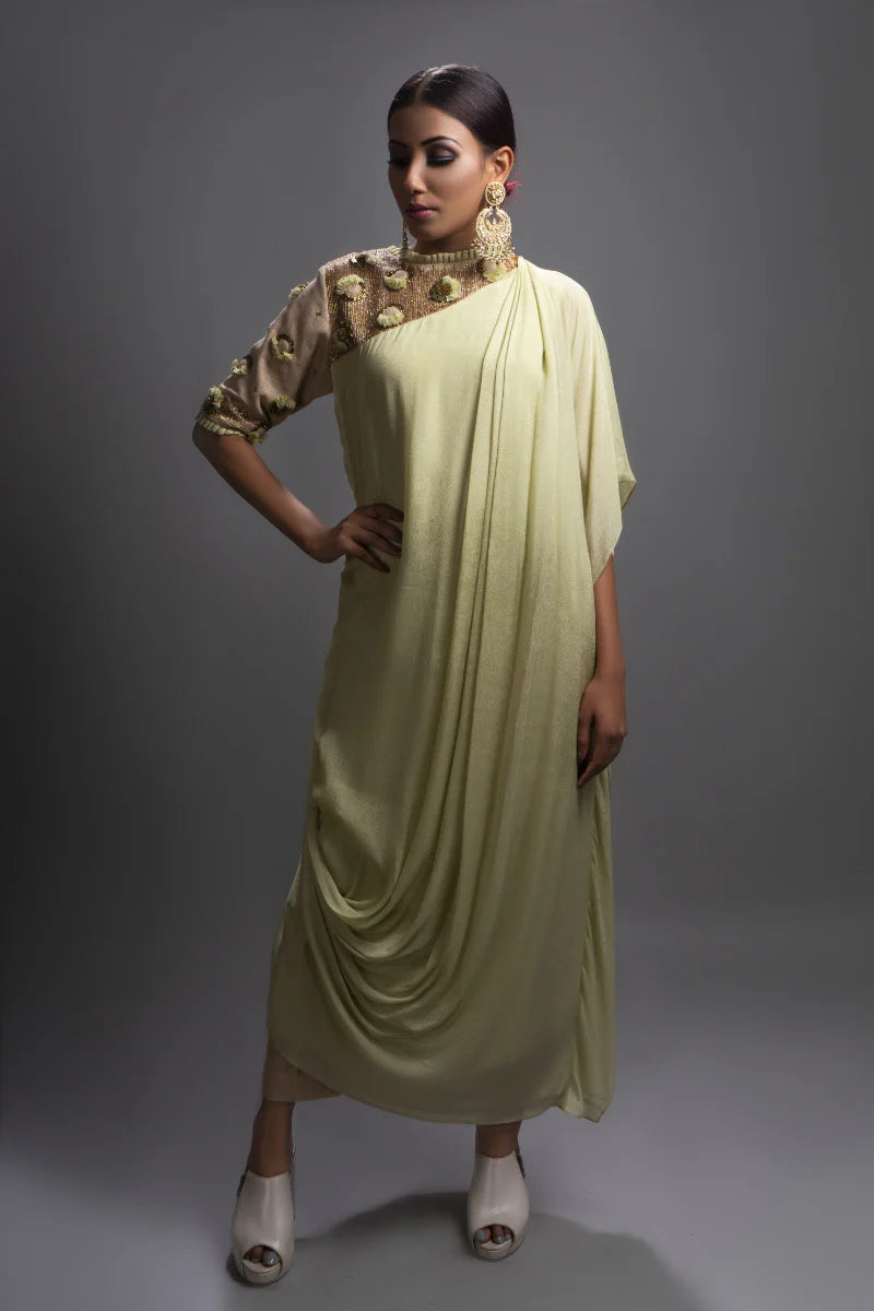Dusky Green Embroidered Drape Tunic & Pants Set