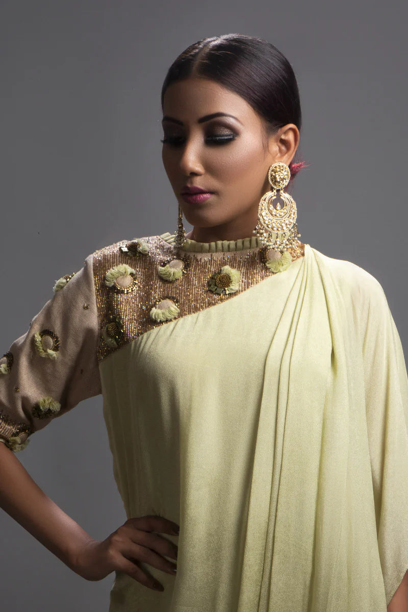 Dusky Green Embroidered Drape Tunic & Pants Set