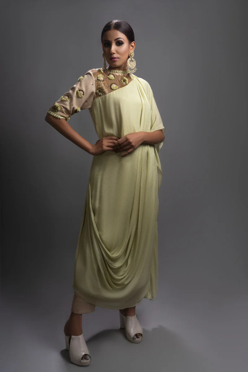 Dusky Green Embroidered Drape Tunic & Pants Set
