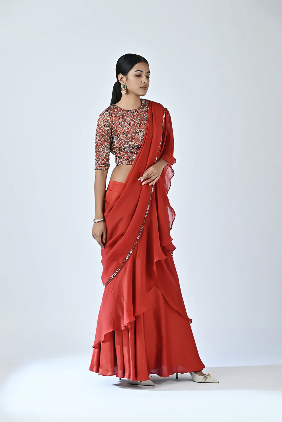 Red Embroidered Drape Saree Set