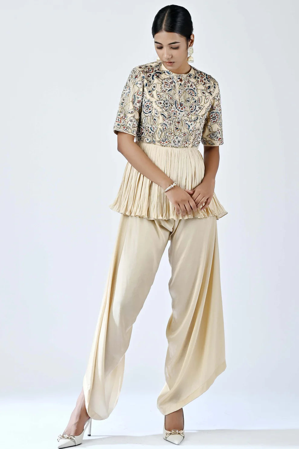 Beige Hand Embroidered Jumpsuit