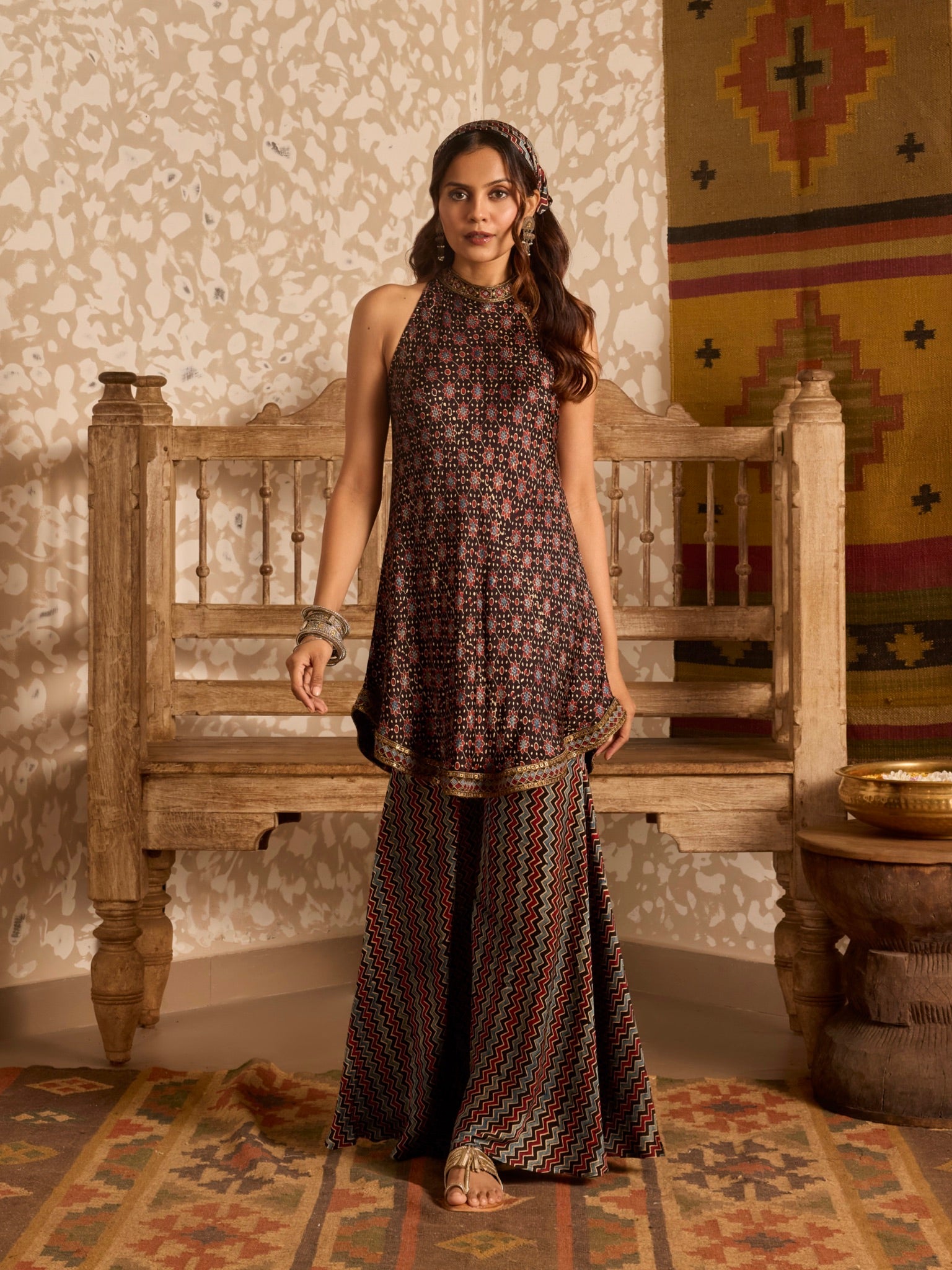 Ajrakh Halter neck tunic with sharara pants