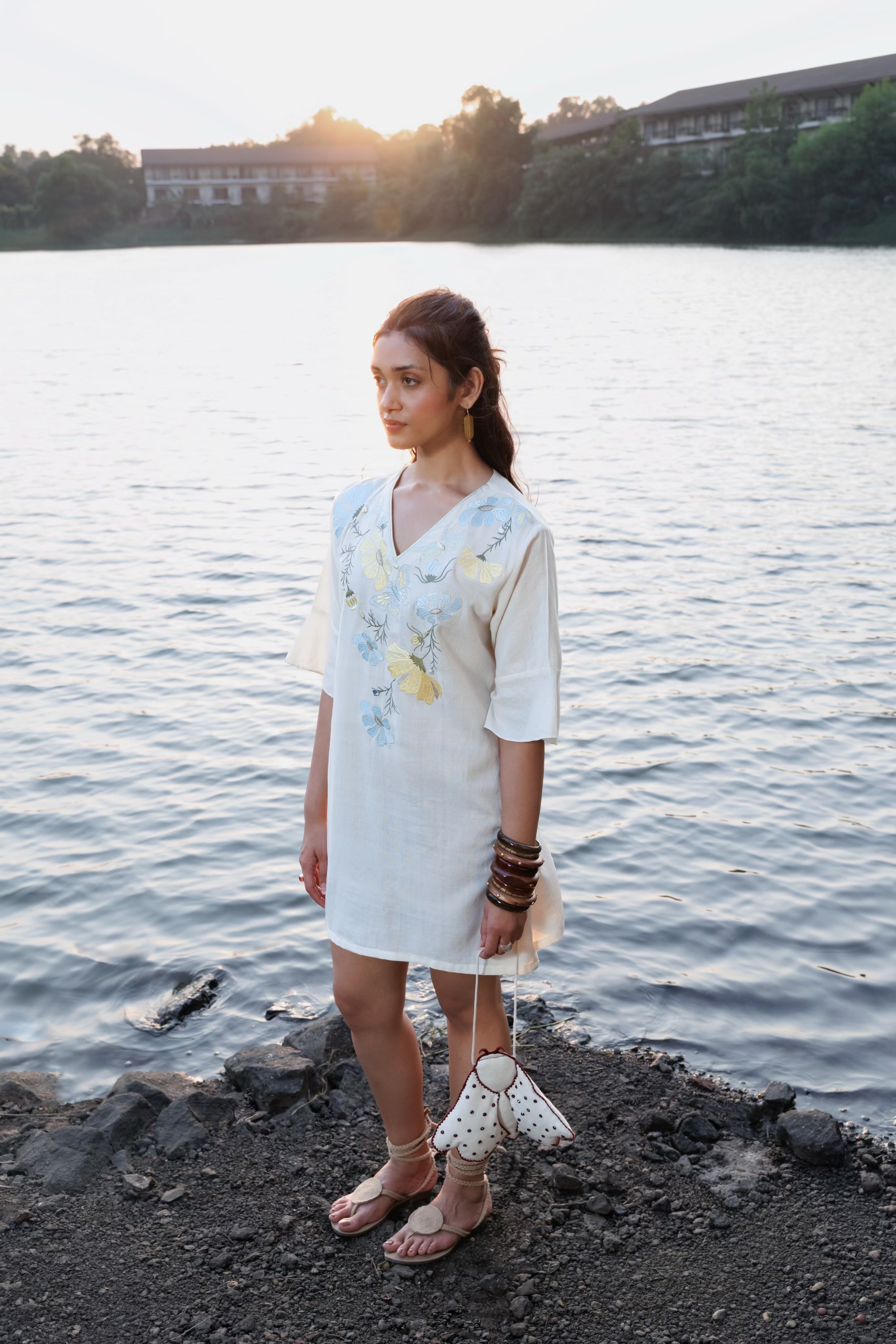 Floral Embroidered Short Kaftan Dress