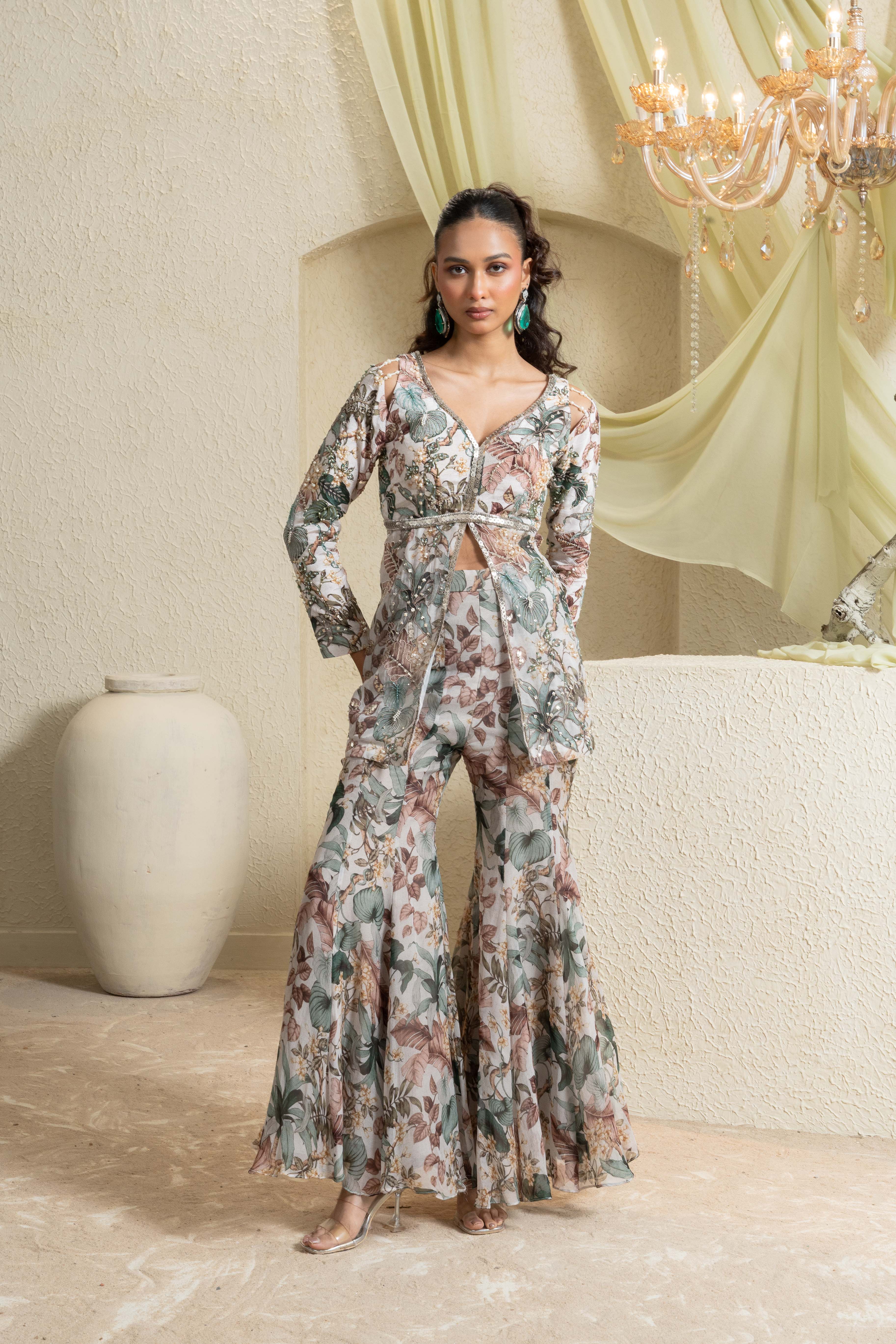 Muted Garden Hand Embroidered Sharara Set