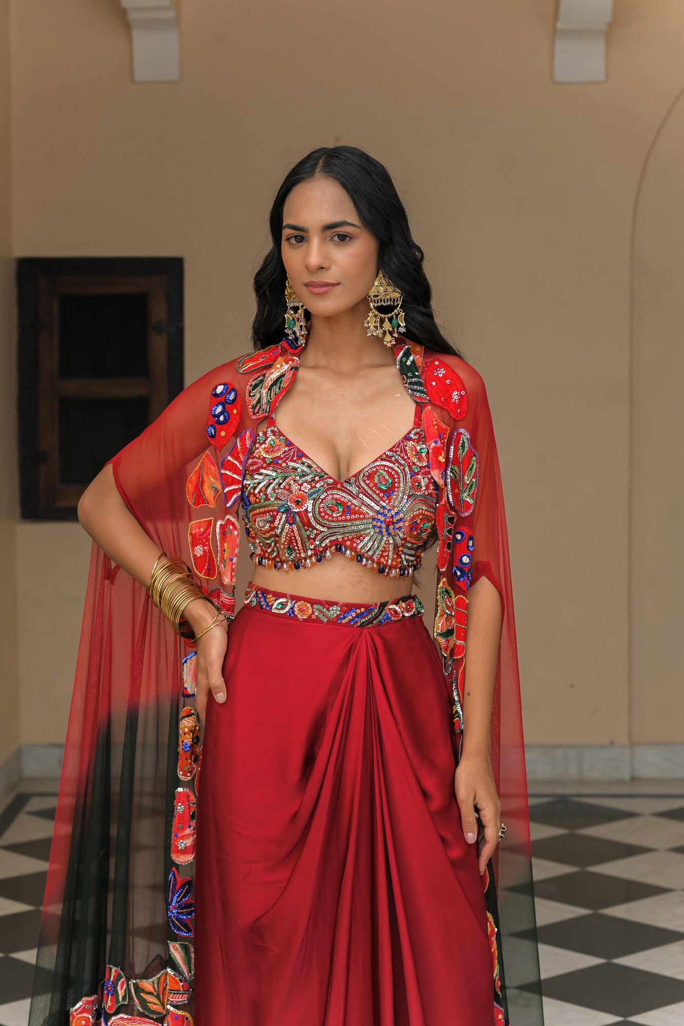 Scarlet Bloom Printed Highlight Bralette with Cowl Skirt and Dual Applique Cape Set