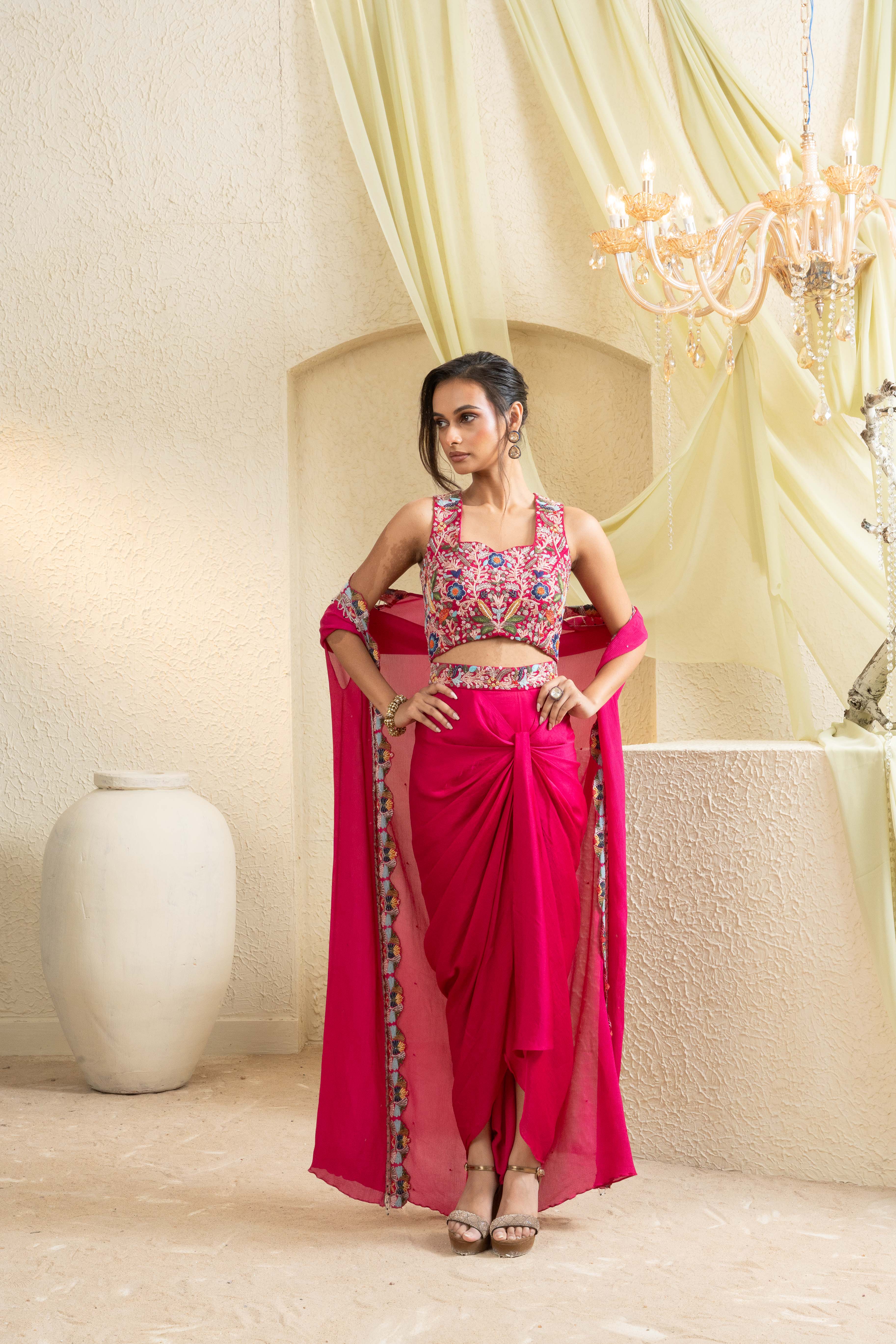 Fuchsia Bloom Embroidered Draped Skirt Set