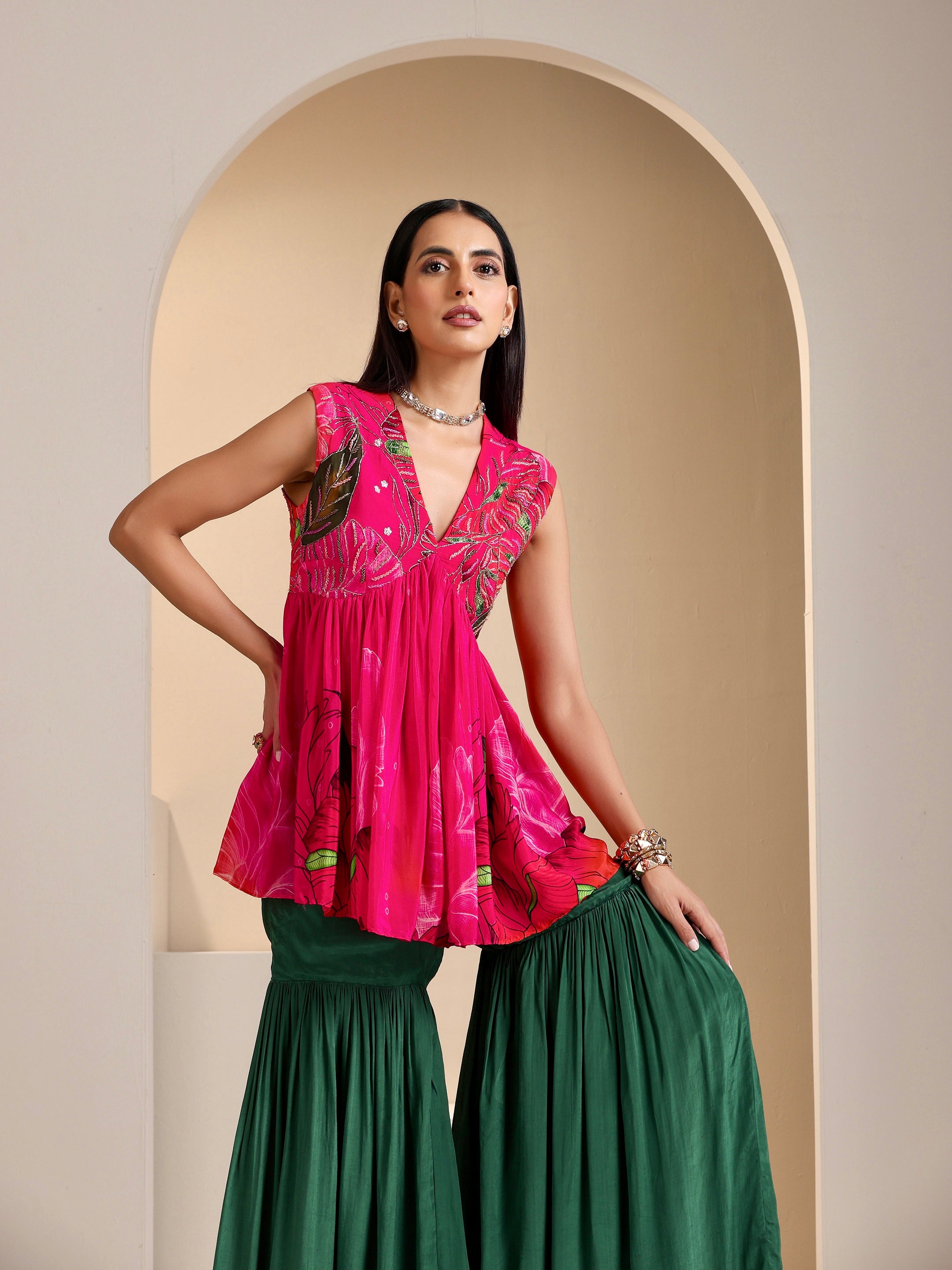 Aanchal Jain | Nargis Embroidered Peplum Top with Sharara Set