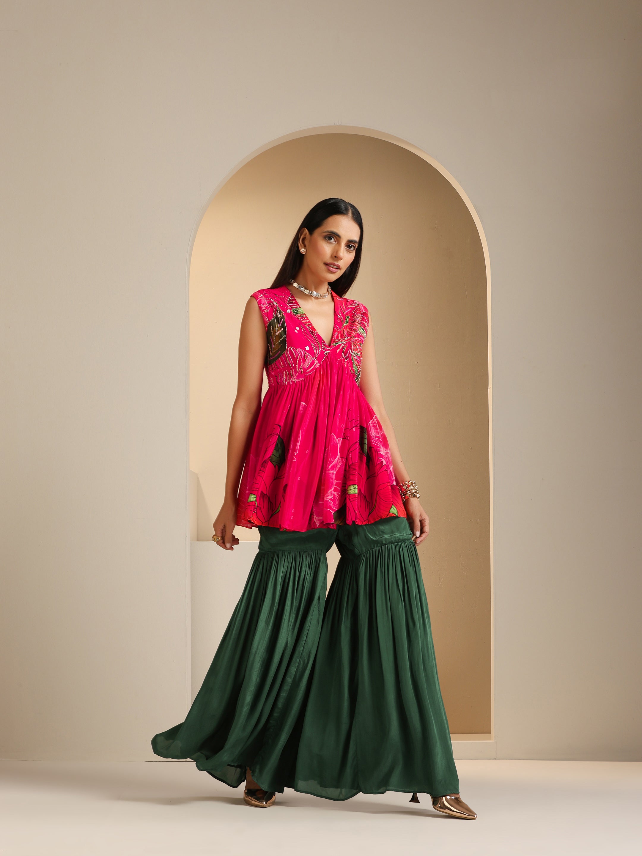 Nargis Embroidered Peplum Top with Sharara Set