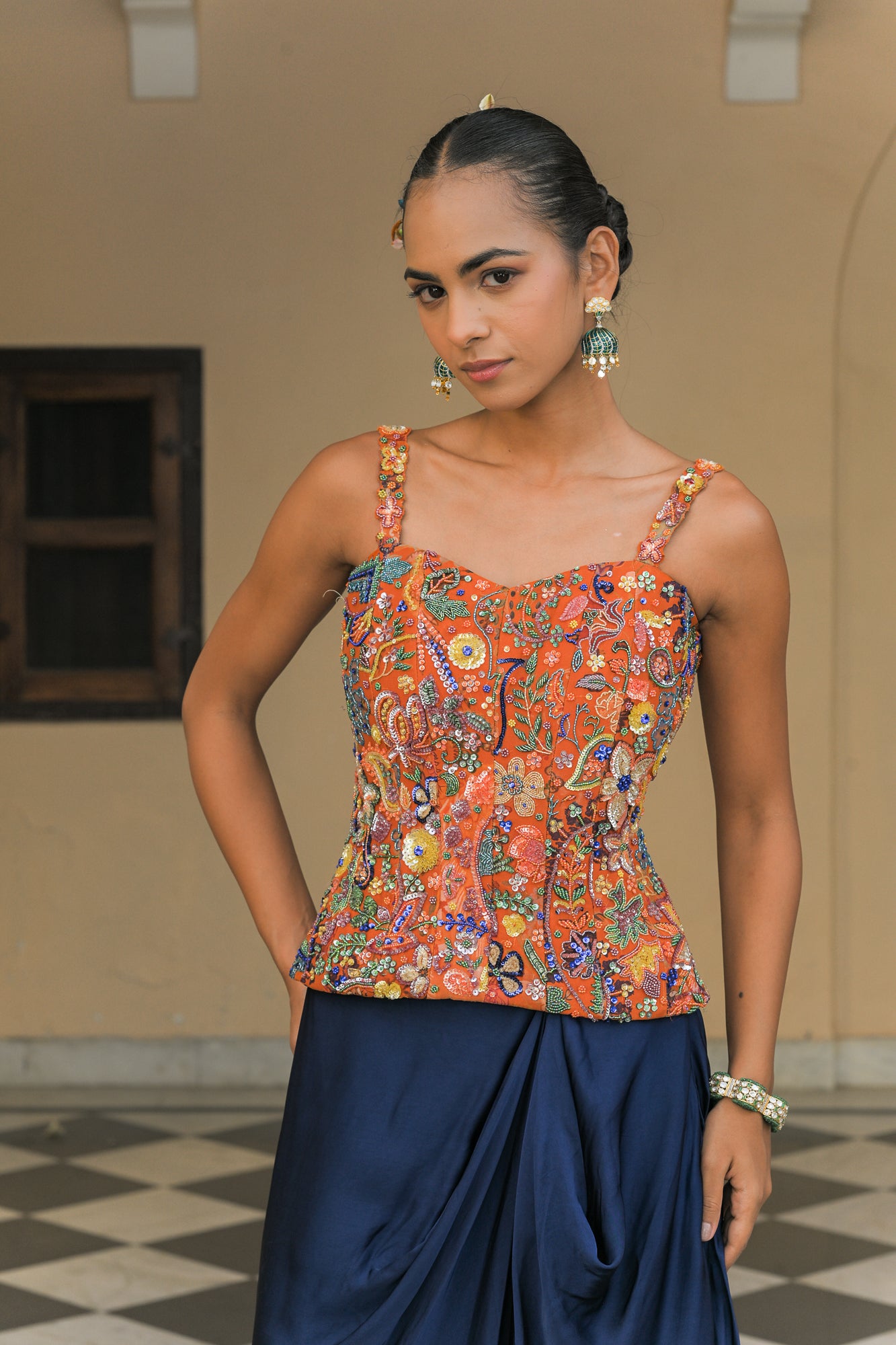 Amber Bloom Highlight Corset Paired with Navy Blue Cowl Skirt Set