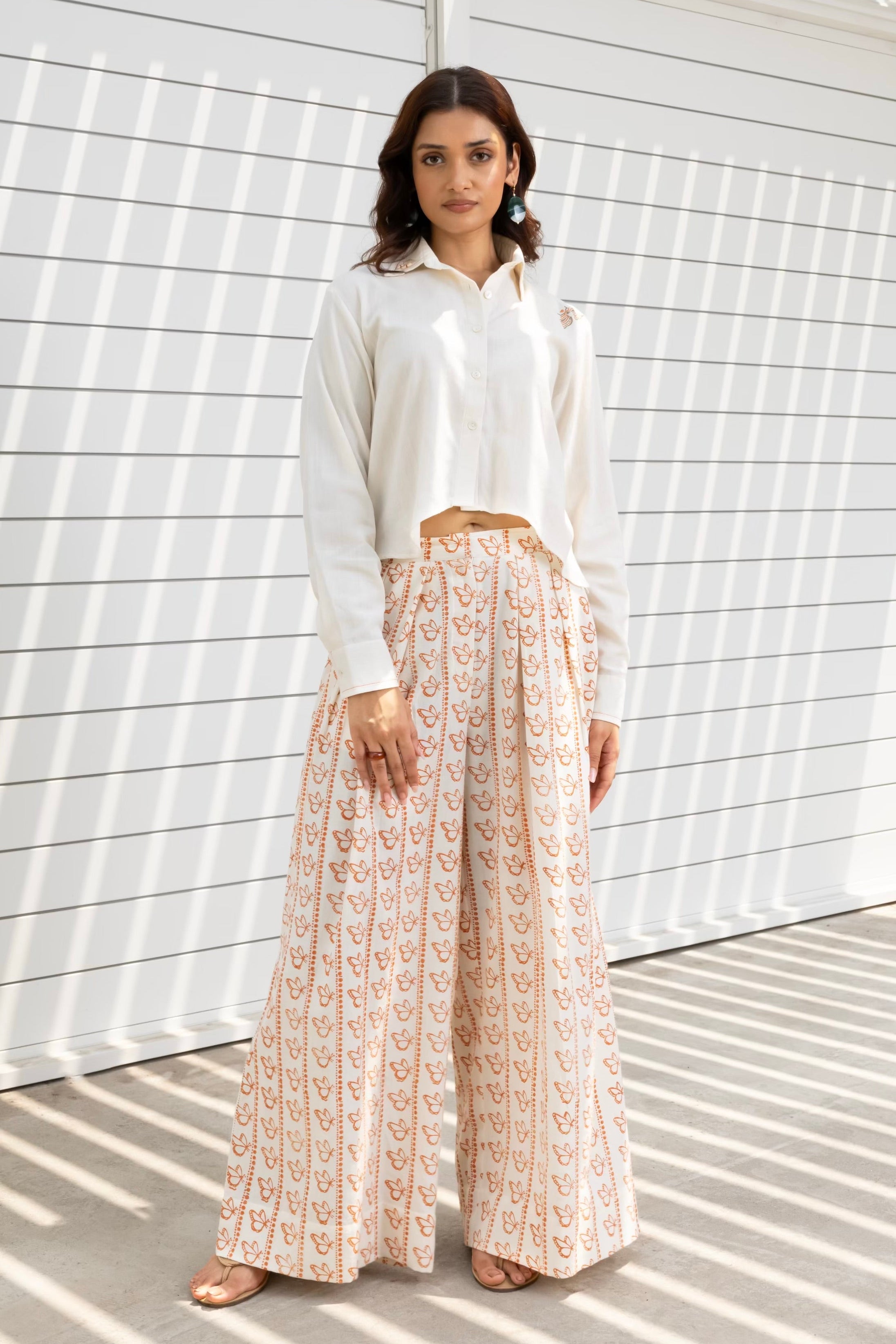 Butterfly Embroidered Cropped Shirt & Printed Wide-Leg Pants
