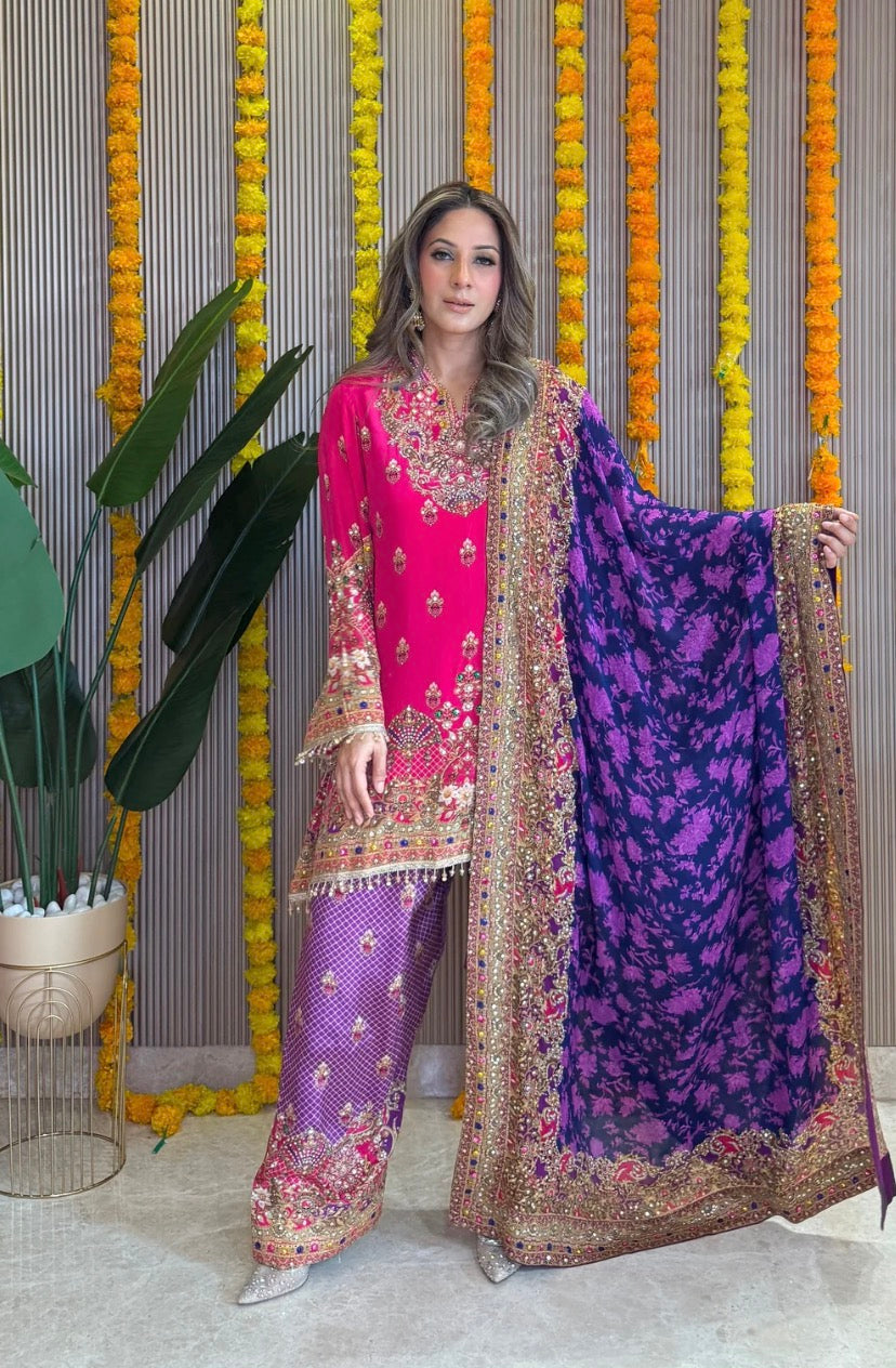 Rah Off White - Fuchsia Kurti with Purple Farshi Salwar & Dupatta