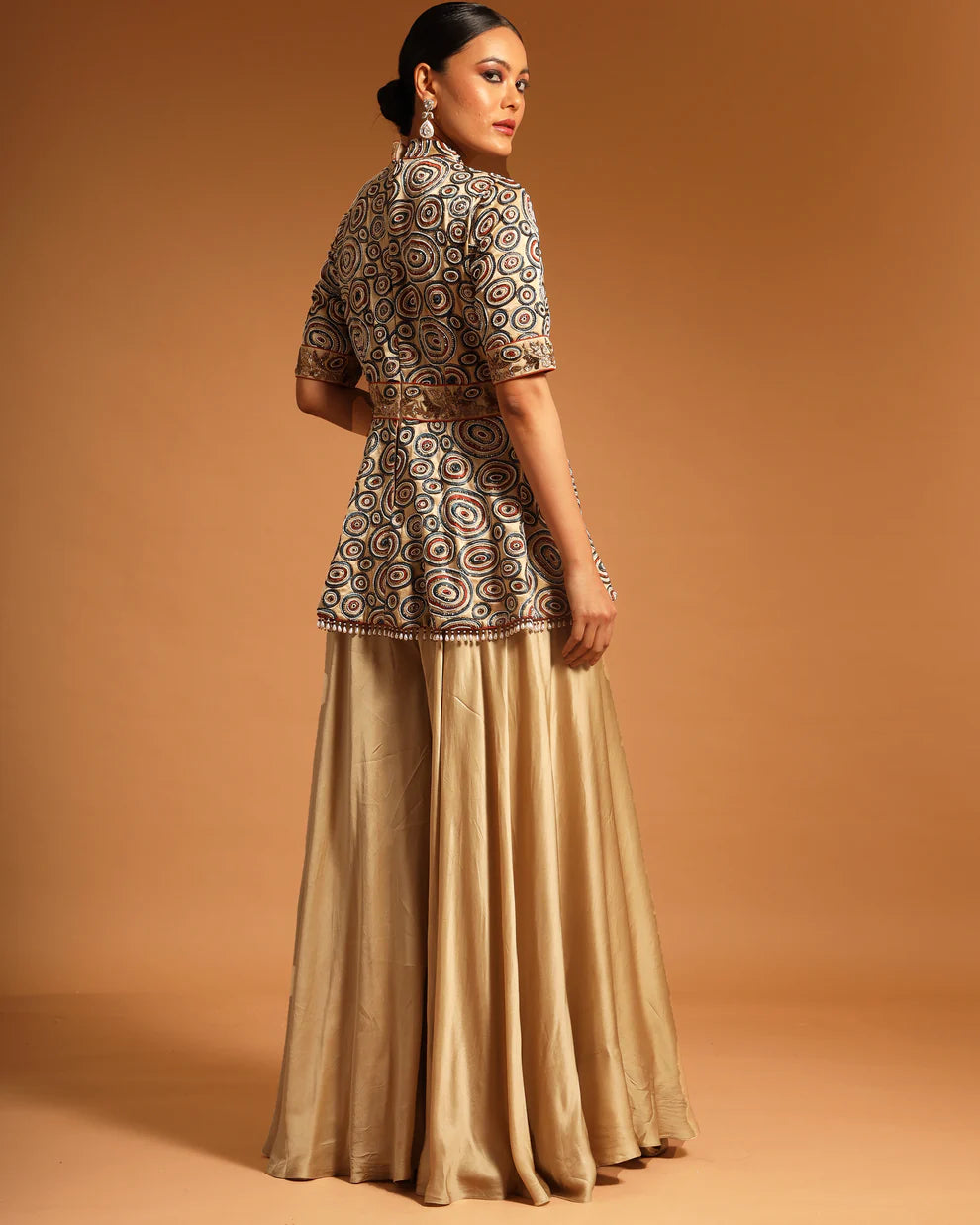 Beige Ajrak Embellished Peplum Jumpsuit