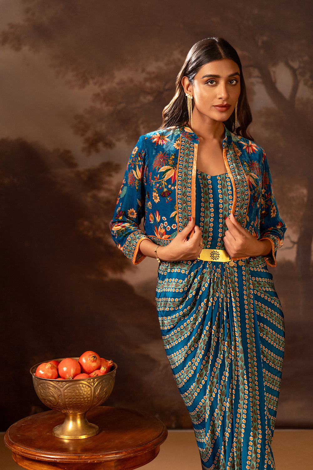 AARANI BLUE EMBELLISHED DRAPE DRESS SET