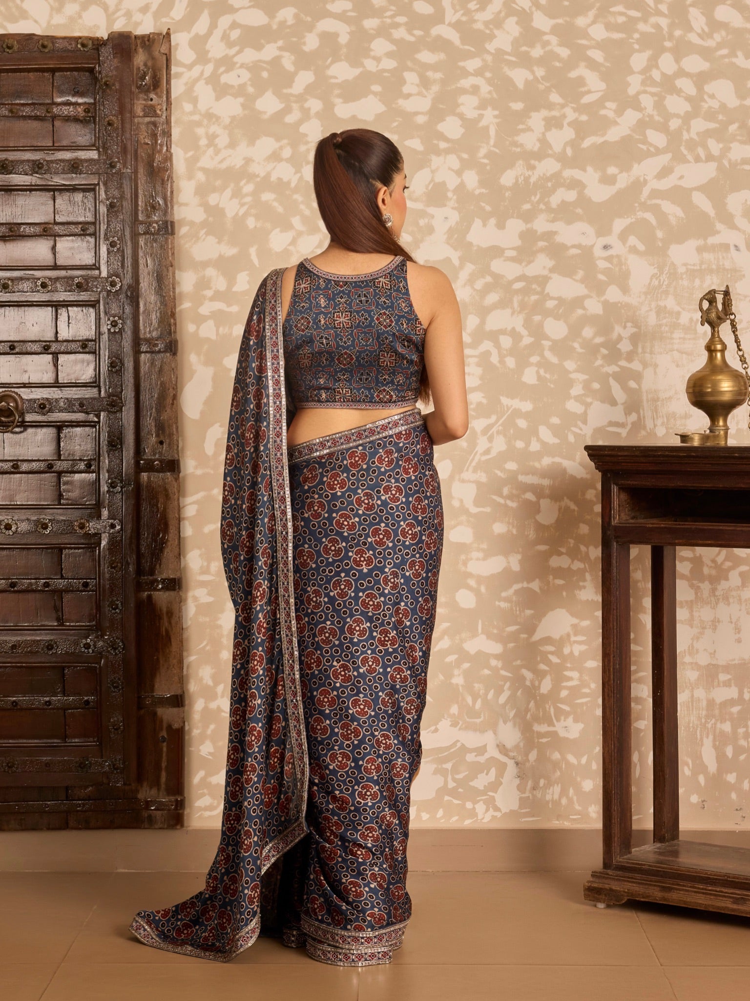 Ajrakh Round neck blouse with saree