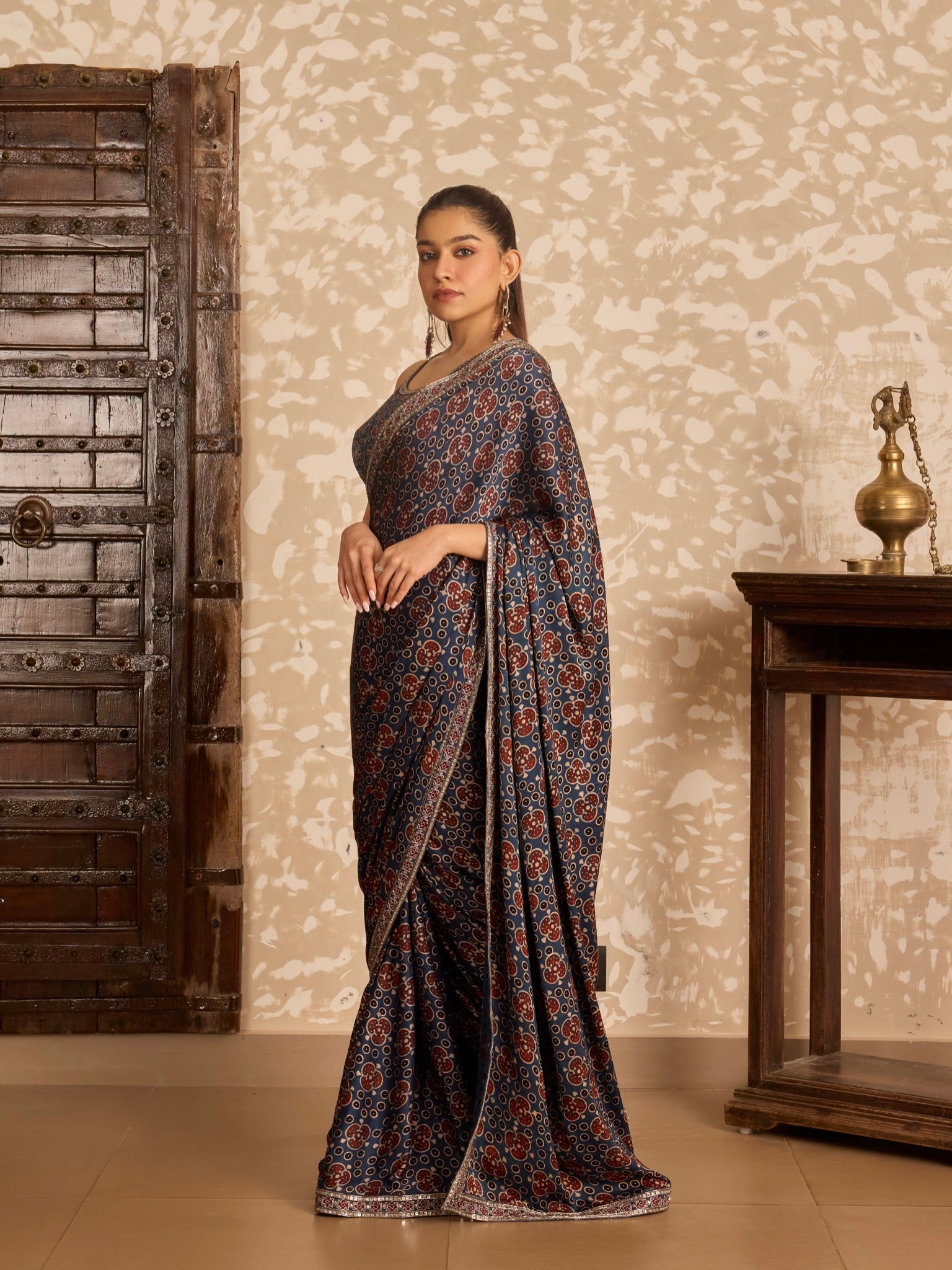 Ajrakh Round neck blouse with saree