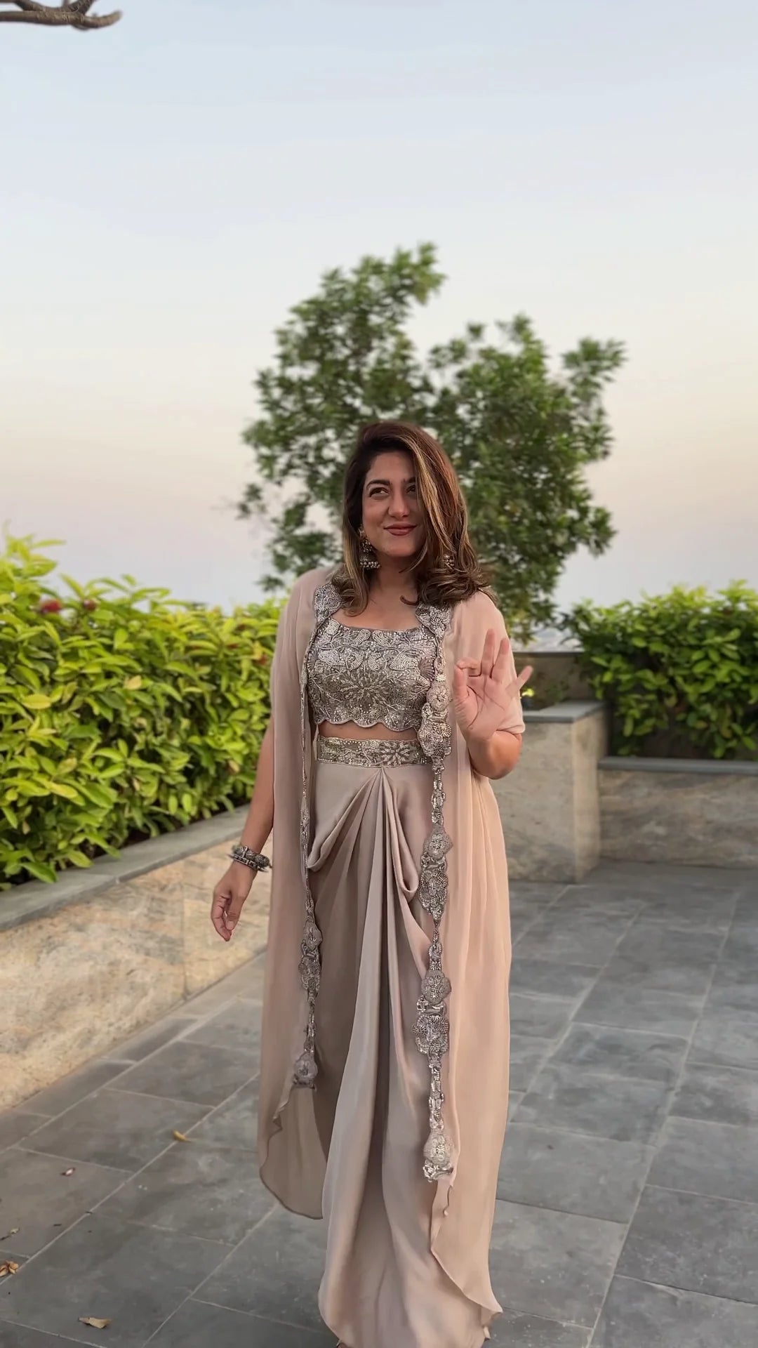 Shamsaad Begum Ivory Embroidered Draped Skirt Set