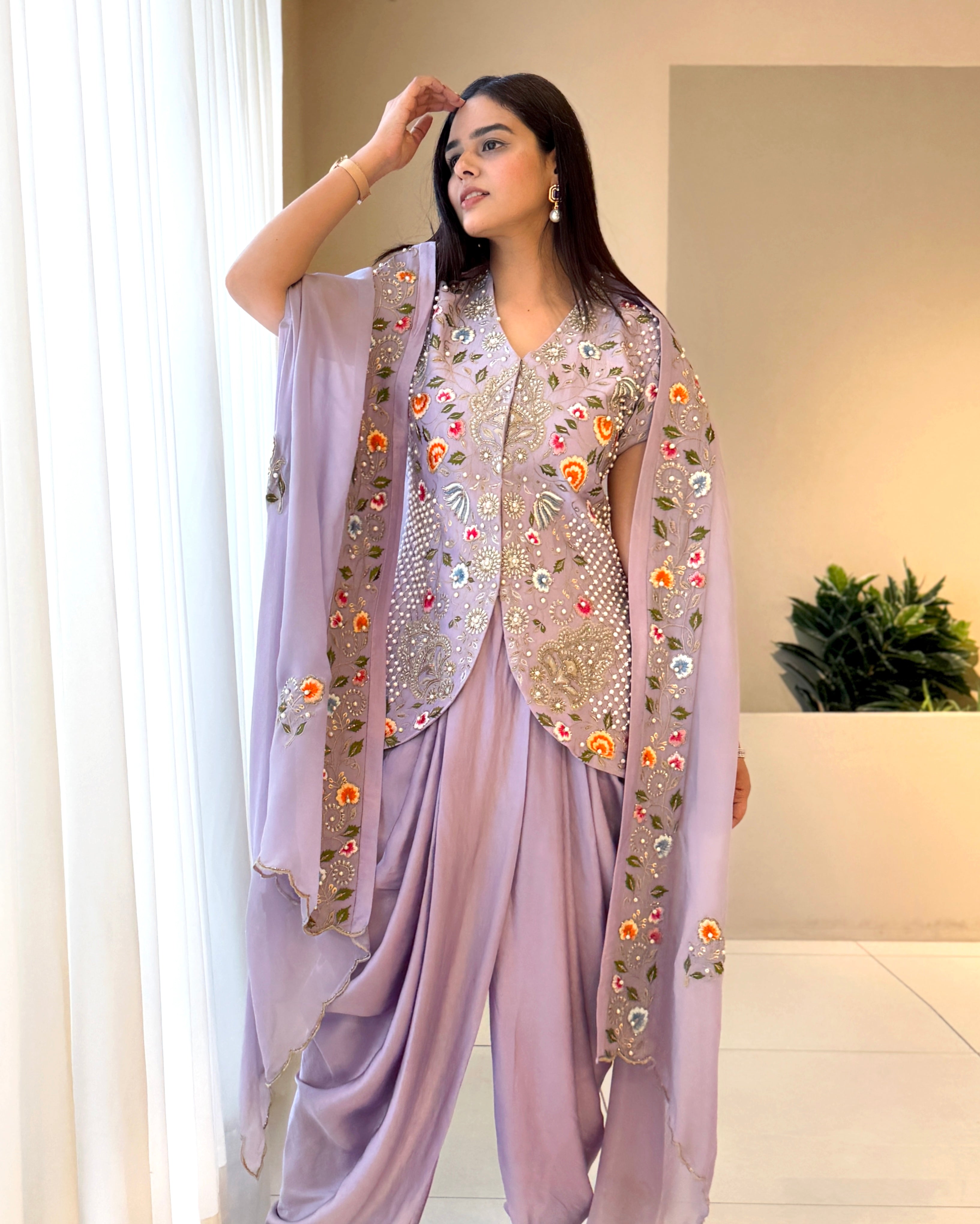 Lavender Embroidered Short Top & Dhoti Set with Cape